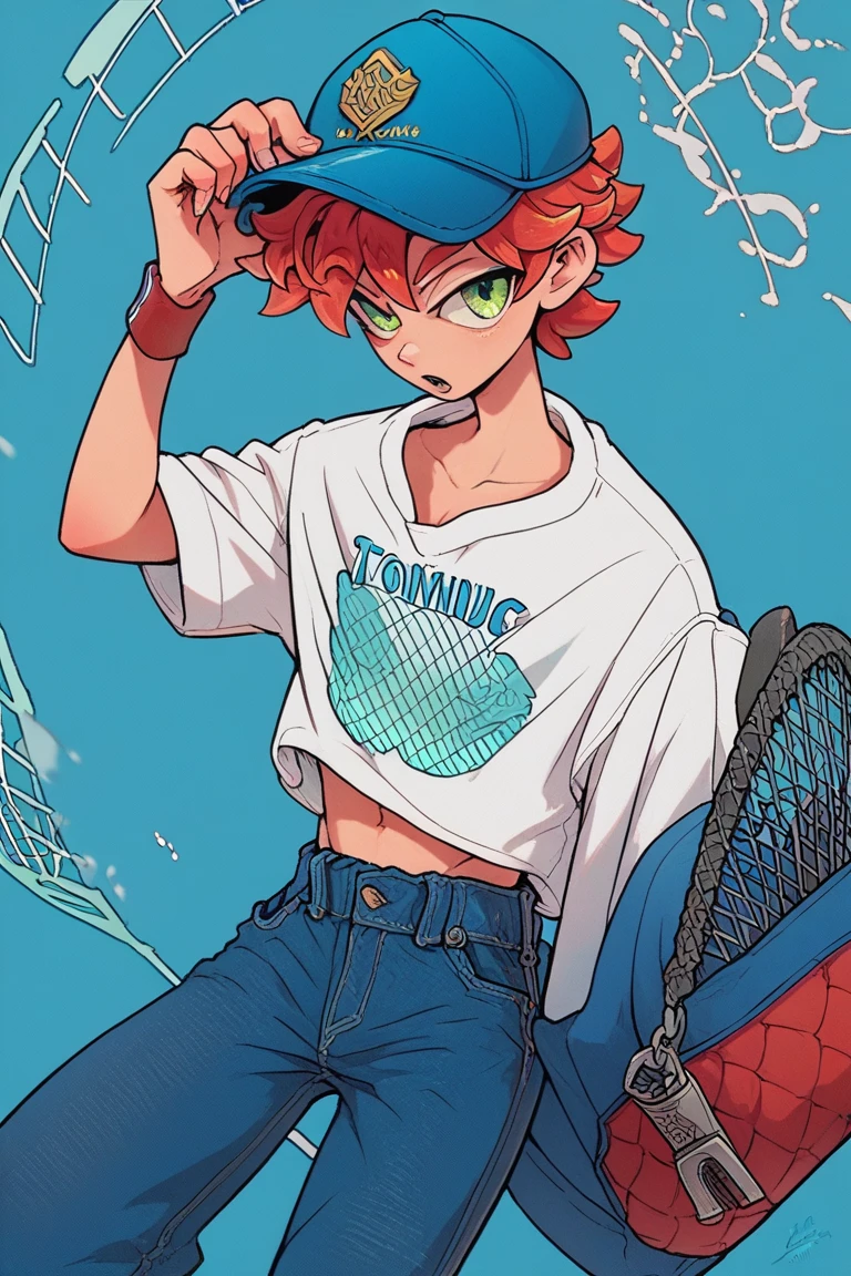 a short red-haired boy , green eyes , wearing a white shirt wearing an open blue sweatshirt ,blue tennis, jeans shorts wearing a cap that doesn't cover his front hair