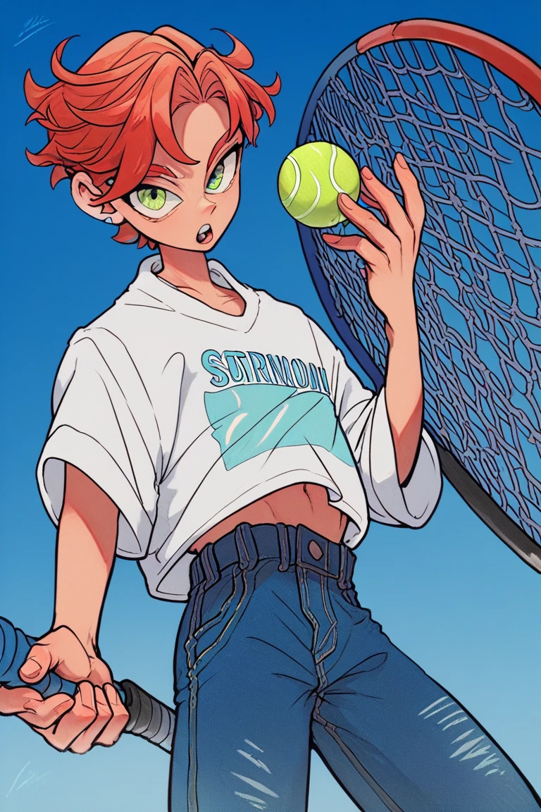 a short red-haired boy , green eyes , wearing a white shirt wearing an open blue sweatshirt ,blue tennis, jeans shorts wearing a cap that doesn't cover his front hair