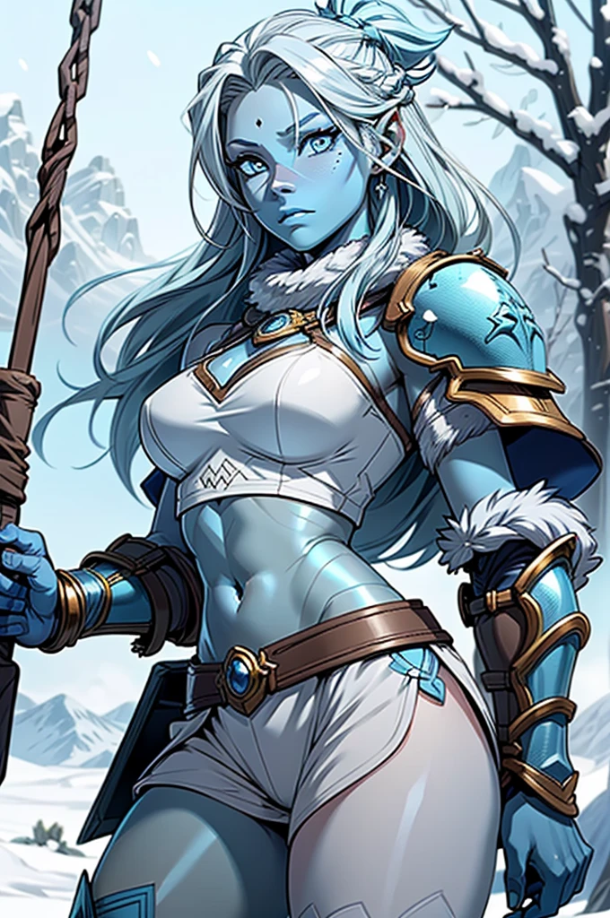 1girl, perfecteyes eyes, female frost giant, white hair, long hair, (light blue skin, blue skin, blue skinned, blue thighs:1.4). female warrior, (shiny,armor, grey armor:1.2), exposed midriff. bare thighs, bare hips. White fur pelvic curtain, white fur shoulders, V1k1ng, furs, leather armor. Winter background, snowy mountain.  (battle pose, swinging weapon, windup, swing), (detailed eyes and face:1.2), stands next to tiny tree.