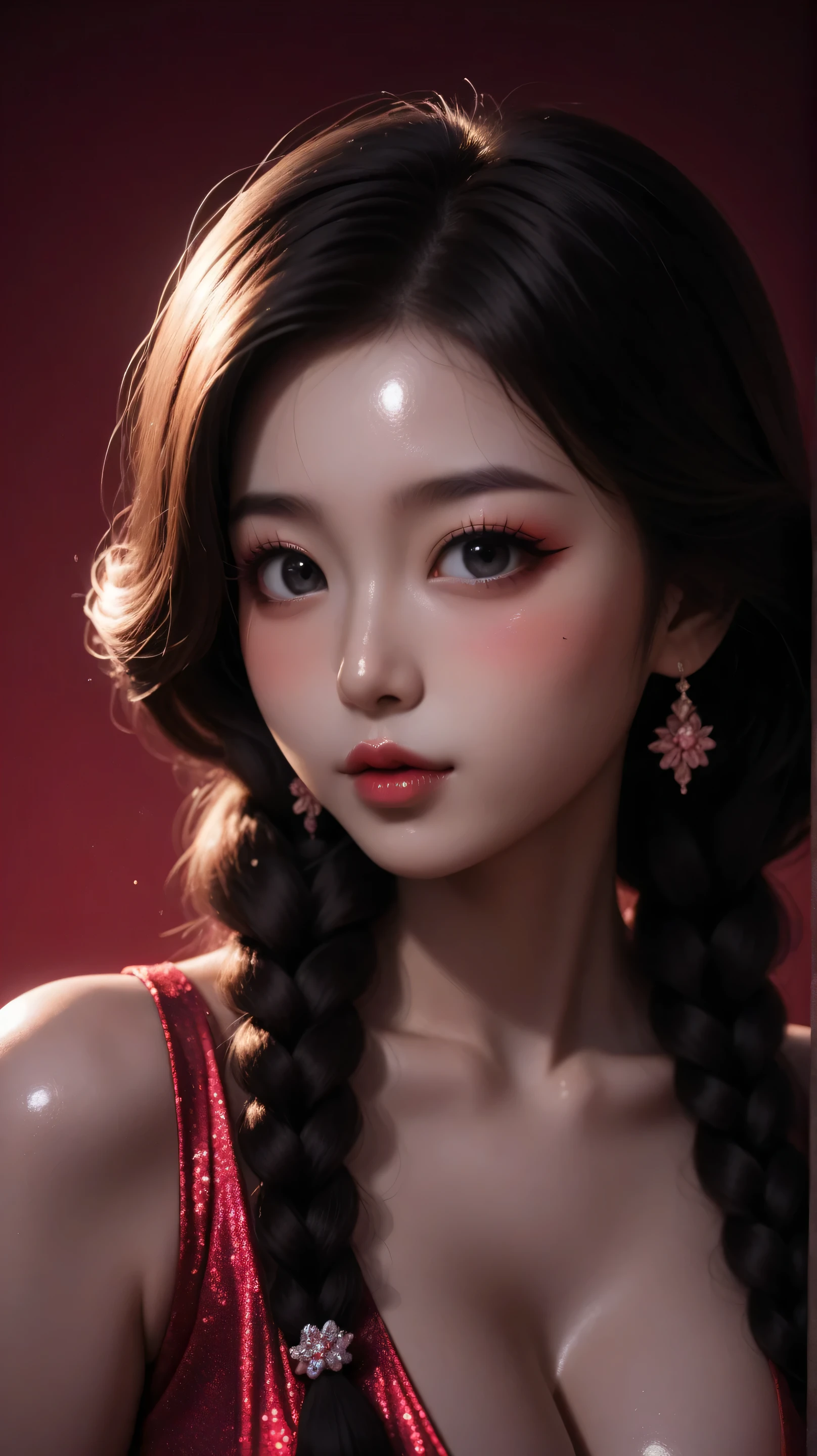 80s glam rock makeup, iridescent face, glittery face, korean girl, long black hair, long braids, huge breasts, upper body, cleavage, ((monochromatic color palette)), plain background, elegant, fashionable, ulzzang, ((cute overload)), ((arms behind back)), (((thin))), (shiny skin), ((adorable)), (playful), ((looking at viewer)), detailed portrait of a korean girl with ulzzang features, perfect detailed facial features, beautiful eyes, nose, and lips, long eyelashes, soft lighting, Official art, Unity 8k Wallpaper, Ultra-detail, Beautiful and aesthetic, masterpiece, Best Quality, anime, Kizi，(eyes looking off to side), Highly detailed, Amazing work，Vitreous luster, blues, purples, reds, Best quality at best，shiny skin, colorful background, blue background, red background, purple background, plunging neckline, sexy pose, dynamic pose, heavy blushing, huge breasts, heavy blushing, face blush, 