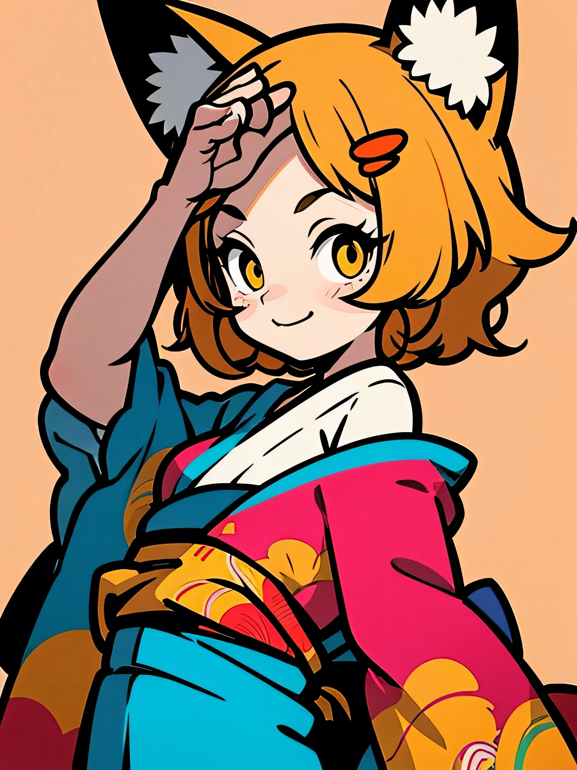 sideview+,alone,(upperbody)blonde medium hair,big,gold eyes,eyelash,(offshoulder),fox ear,cute frill japanese beautiful floral design kimono,graffity,smile,idol pose,pastel gradation,good model pose,Murakami Takashi,misterious 万華鏡 background,(comicart  :1.3),(illustration),