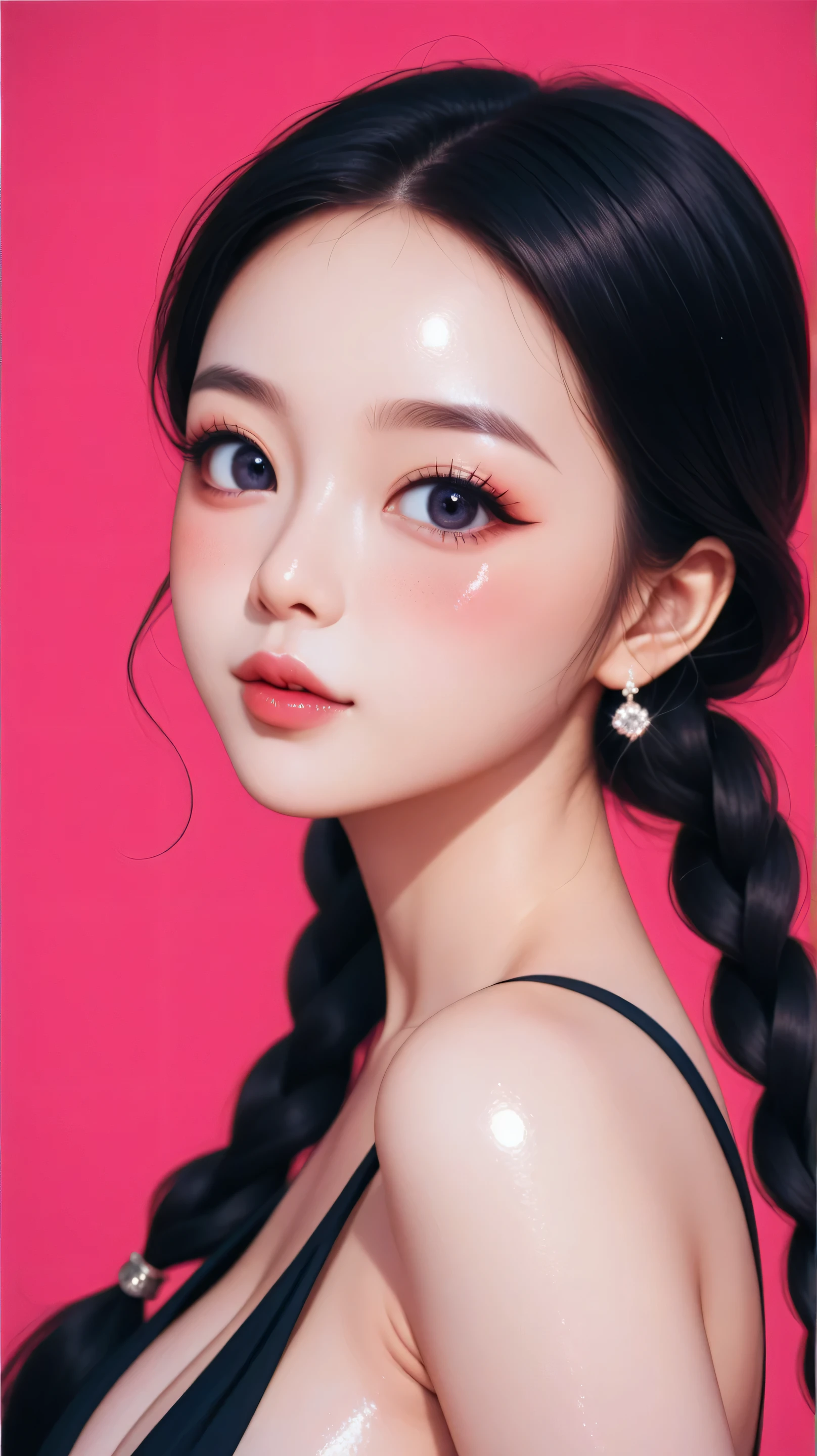 80s glam rock makeup, iridescent face, glittery face, korean girl, long black hair, long braids, huge breasts, upper body, cleavage, ((monochromatic color palette)), plain background, elegant, fashionable, ulzzang, ((cute overload)), ((arms behind back)), (((thin))), (shiny skin), ((adorable)), (playful), ((looking at viewer)), detailed portrait of a korean girl with ulzzang features, perfect detailed facial features, beautiful eyes, nose, and lips, long eyelashes, soft lighting, Official art, Unity 8k Wallpaper, Ultra-detail, Beautiful and aesthetic, masterpiece, Best Quality, anime, Kizi，(eyes looking off to side), Highly detailed, Amazing work，Vitreous luster, blues, purples, reds, Best quality at best，shiny skin, colorful background, blue background, red background, purple background, plunging neckline, sexy pose, dynamic pose, heavy blushing, huge breasts, heavy blushing, face blush, 