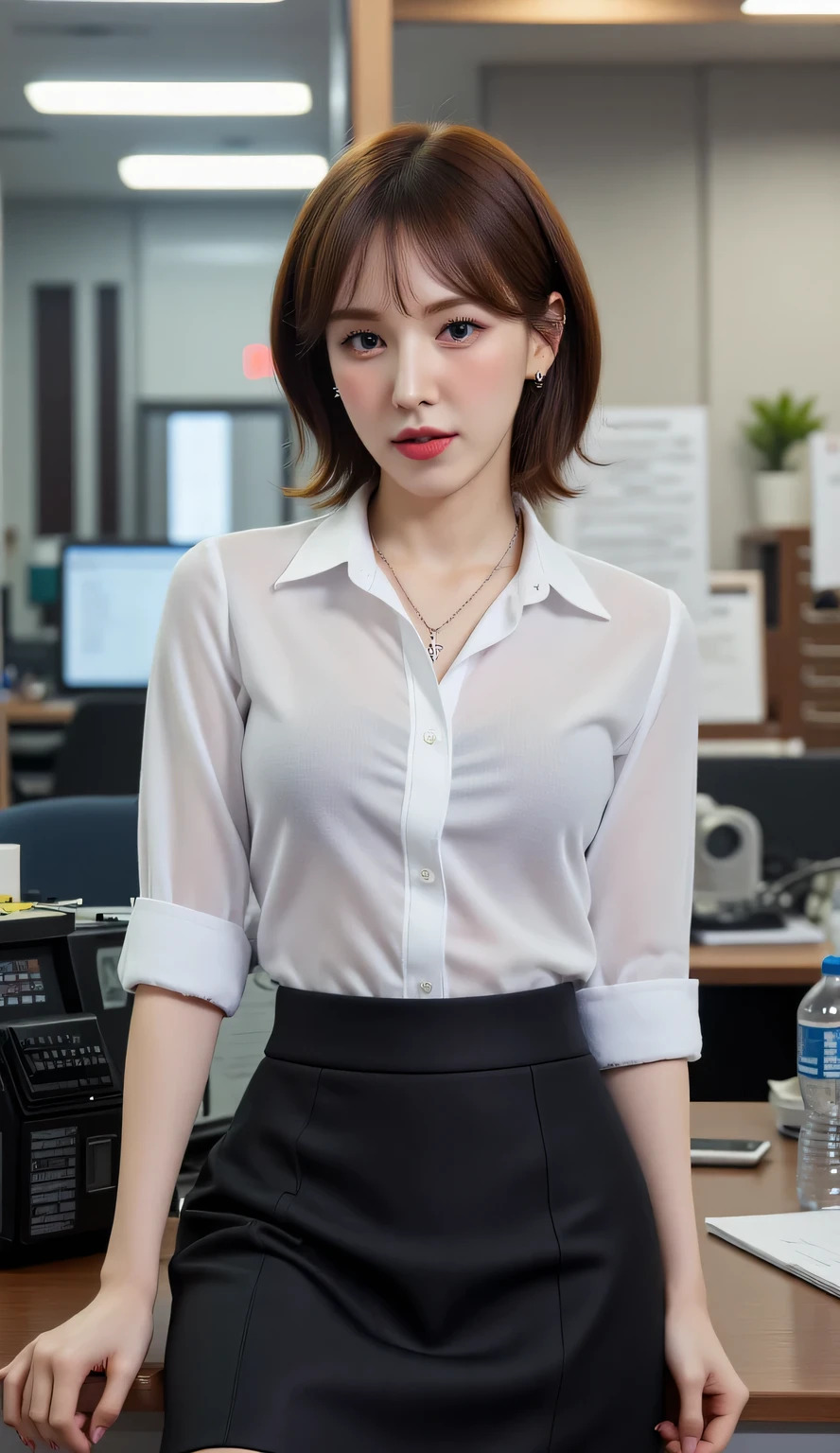    A 25-year-old office lady, sitting in front of , full body view,  using white formal shirt,   black formal skirt bottoms ,   using a cross necklace ,  dark red lips 