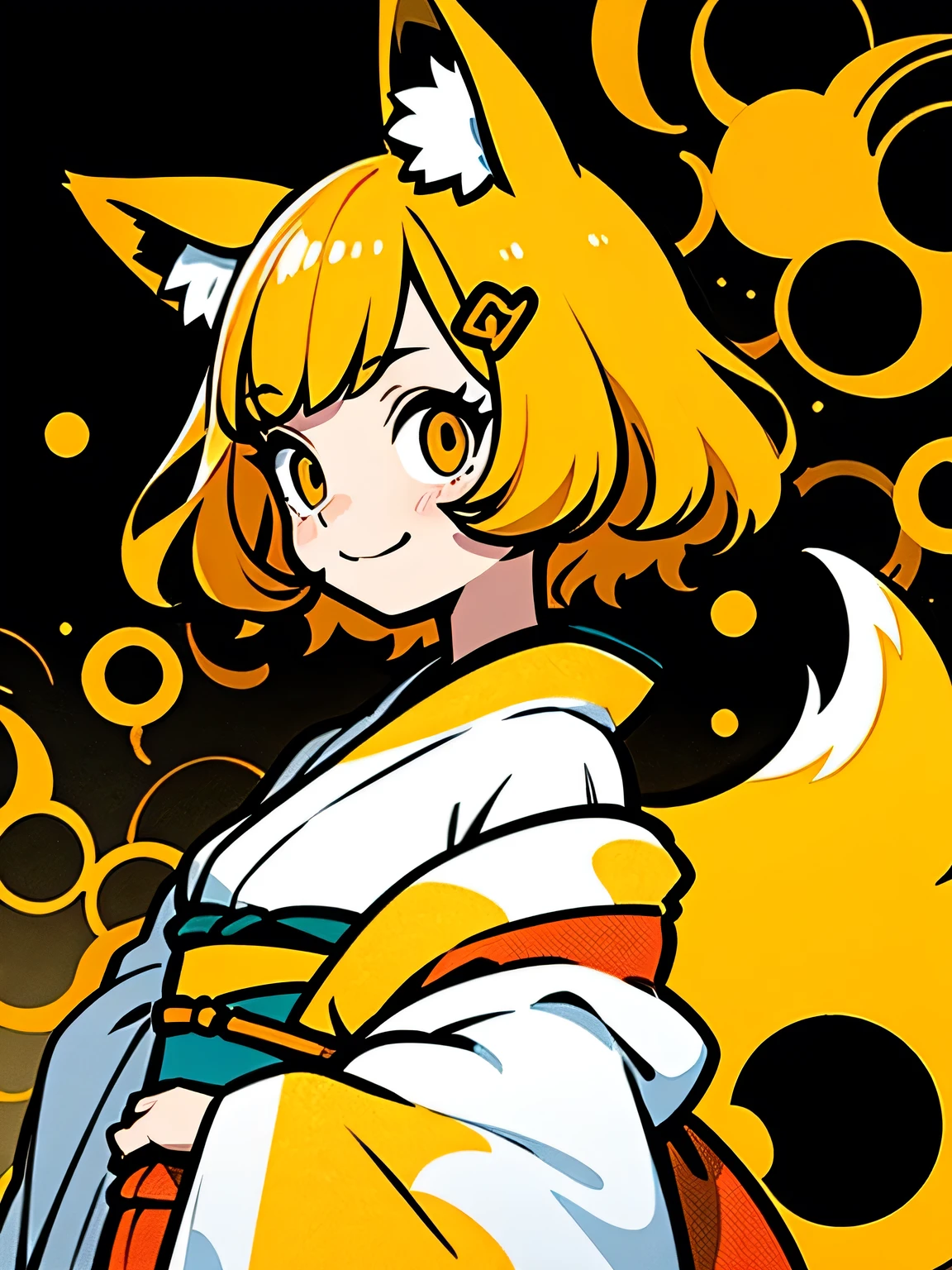 sideview+,alone,(upperbody)blonde medium hair,big,gold eyes,eyelash,(offshoulder),fox ear,cute frill japanese beautiful floral design kimono,graffity,smile,idol pose,pastel gradation,good model pose,Murakami Takashi,misterious 万華鏡 background,(comicart  :1.3),(illustration),