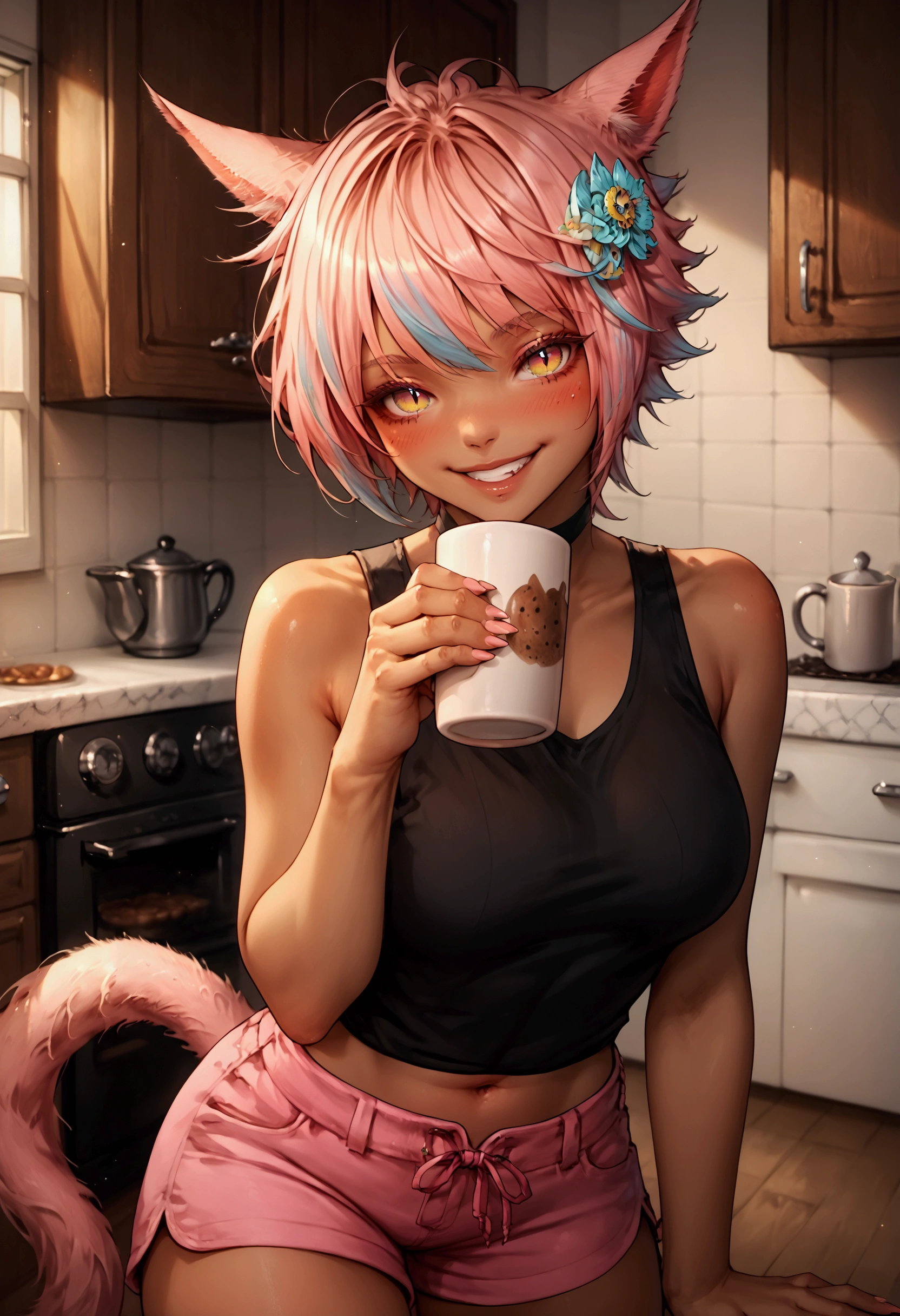 score_9, score_8_up, score_7_up, 1girl, yaana, miqo'te, feline eyes, multicolored hair, pink hair, kitchen, smile, teeth, blush, black tank top, shorts, navel, coffee mug in hand, offering viewer a mug,