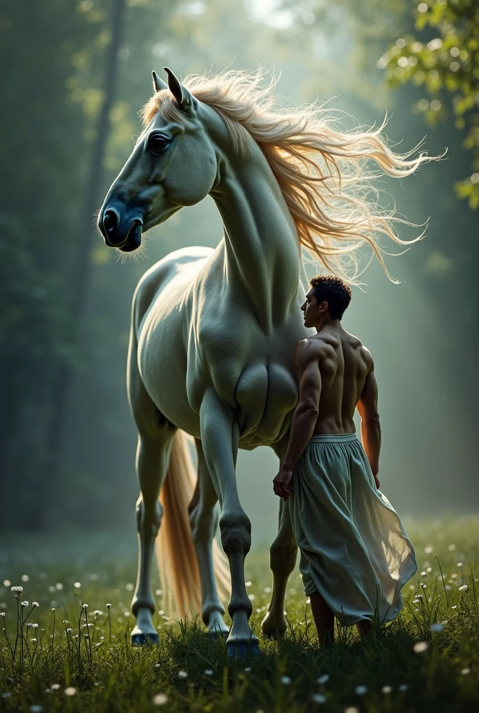 a centaur, muscular male upper body, horse lower body, magical fantasy creature, detailed facial features, piercing eyes, flowing hair, powerful physique, majestic pose, lush forest background, glowing magical energy, dramatic lighting, (best quality,4k,8k,highres,masterpiece:1.2),ultra-detailed,(realistic,photorealistic,photo-realistic:1.37),cinematic composition,dramatic lighting,vibrant colors,intricate details