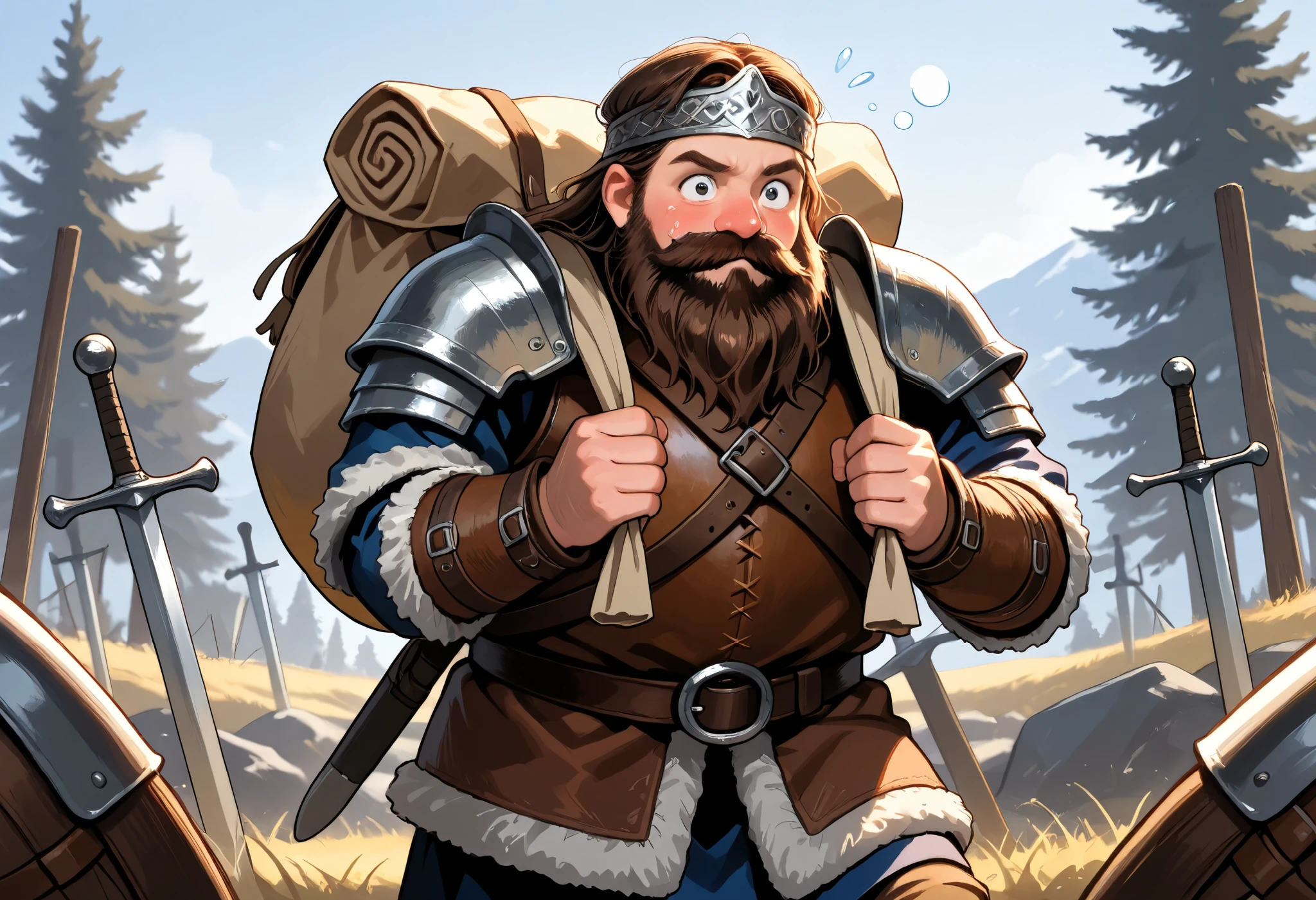 [dwarf], brown hair, carrying a bag with multiple axes, norse, viking, armor, clumsy, solo