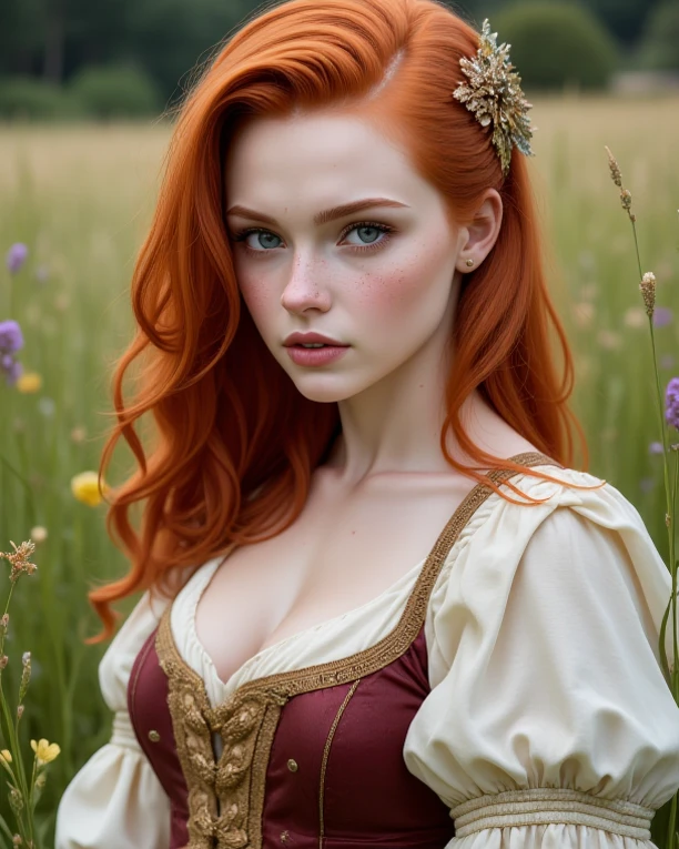 A close up portrait of a red head gorgeous beautiful woman [Elizabeth II:Maude Adams:0.45], pale skin, [[[freckles]]], Western European Descent, Donning a Medieval Dress, at the meadows