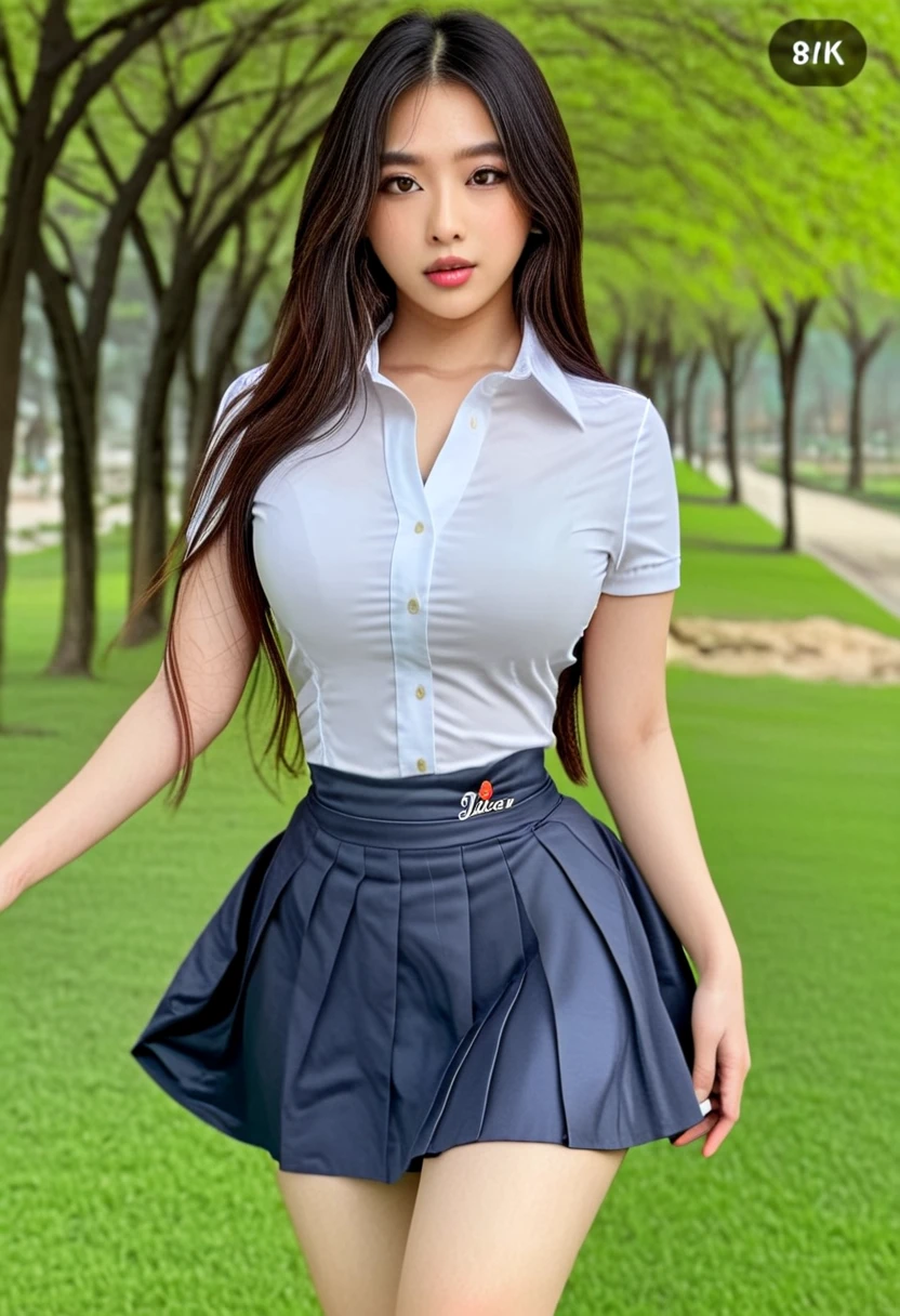 1girl, solo, standing, outdoors, detailed face, seductive smile, detailed eyes, semi-huge breasts, smooth skin, tight white shirt, red short skirt, looking at the audience, low angle shot,(8k, RAW photo, best quality, masterpiece: 1.2), (realistic, realistic: 1.37), ultra-high resolution
