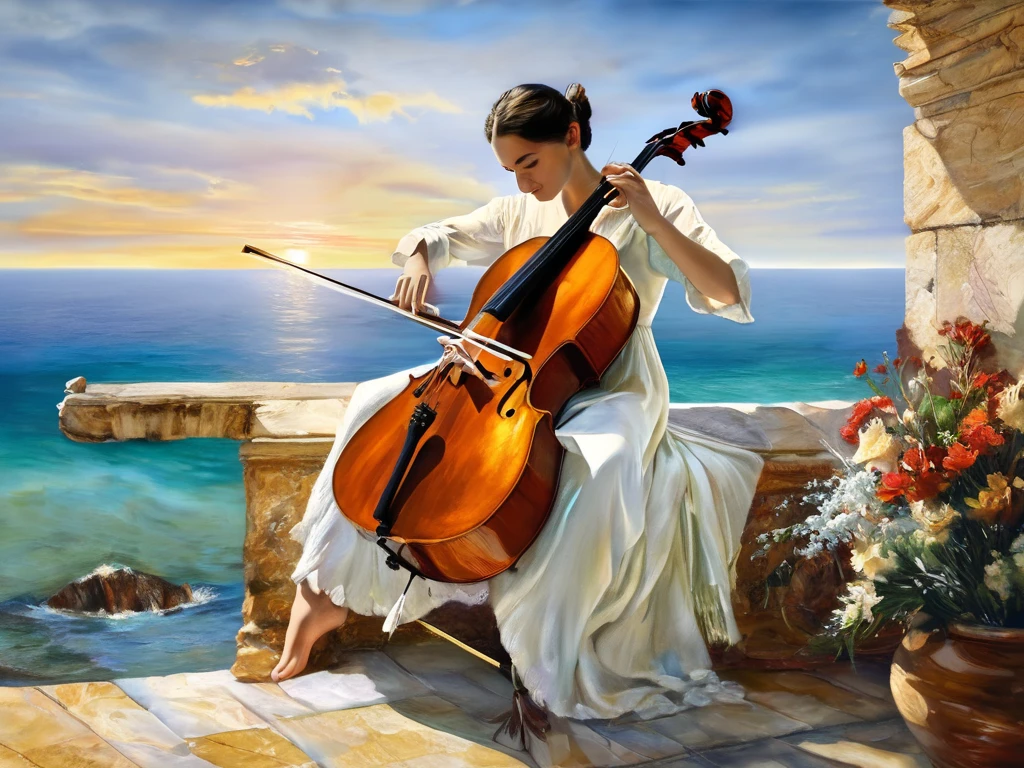 Image of a musician playing the cello in front of the sea.  masterpiece,  Precise,  High Details, 