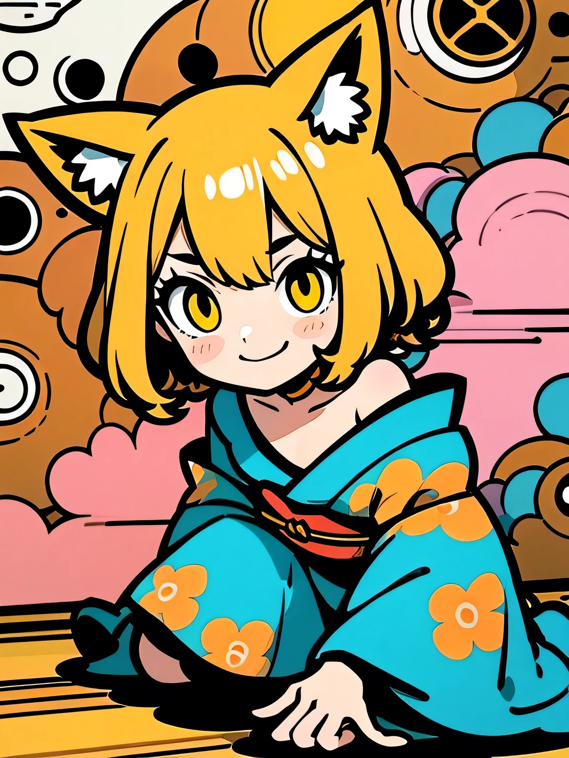 alone,(seiza)blonde medium hair,big,gold eyes,eyelash,(offshoulder),fox ear,cute frill japanese beautiful floral design kimono,graffity,smile,idol pose,pastel gradation,good model pose,Murakami Takashi,misterious 万華鏡 background,(comicart  :1.3),(illustration),