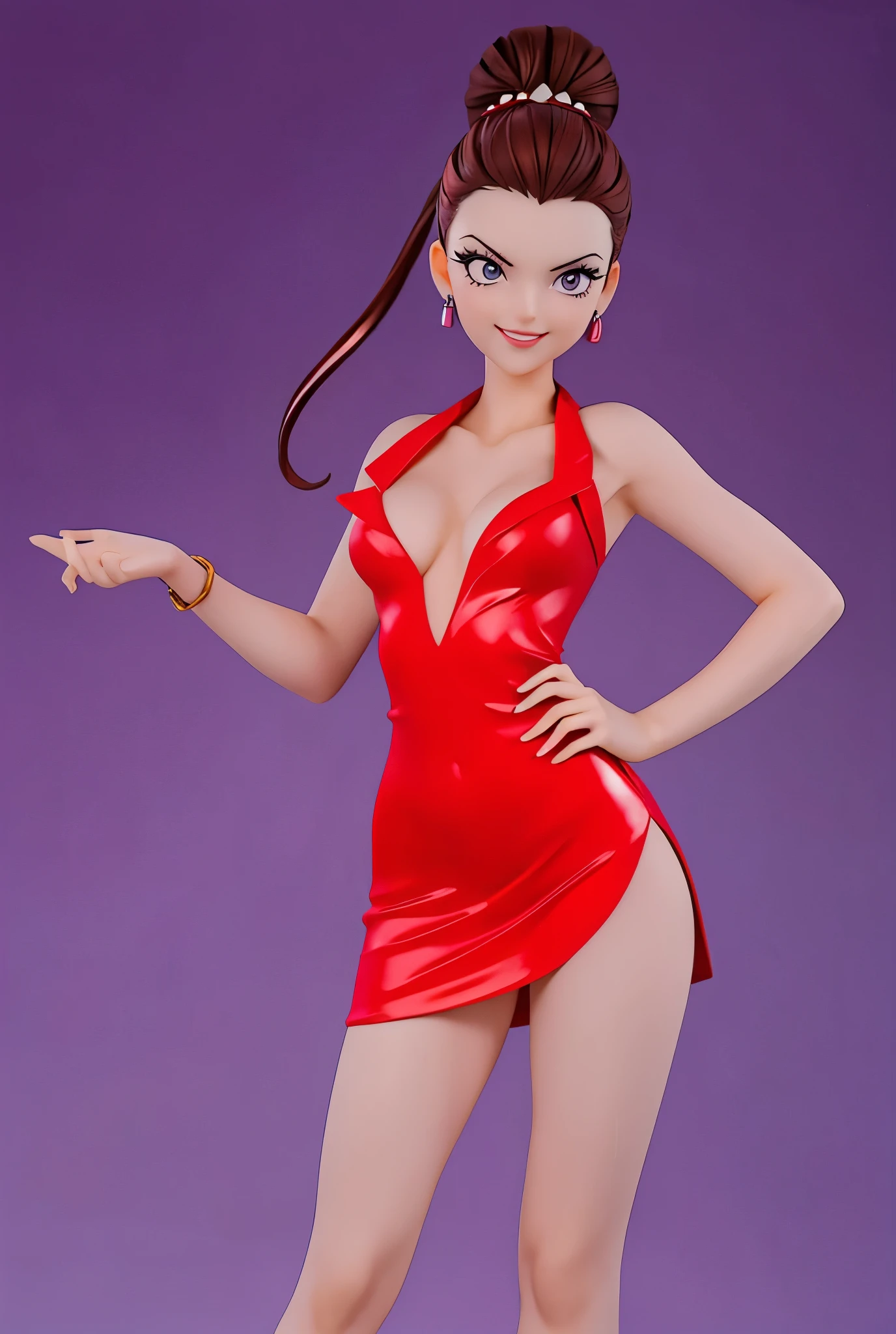 Kaolinite (( masterpiece, Better Quality,Ultra delicate,Perfect face,16K, High resolution, )) Kaolinite Bun hair, Hair bun , seductive pose, fitted red tubed mini dress , Uniform dress , Office tight mini dress , tight dress , tight red dress , purple eyes , beautiful smile , 30 YEARS