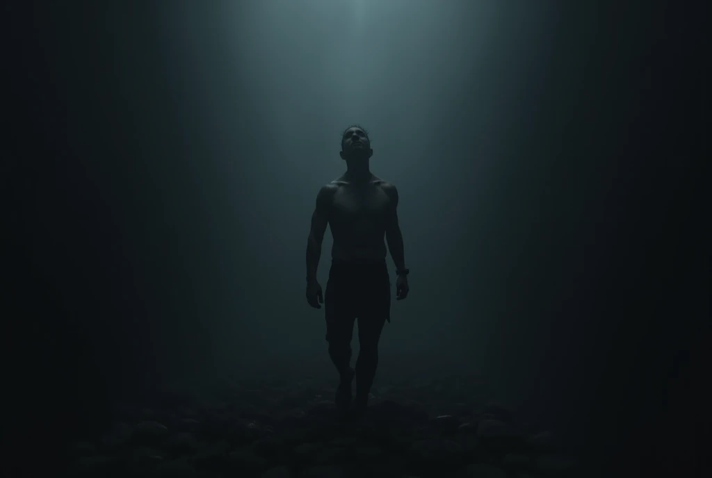 A man with his clothes pulled up in desperation as he struggles to reach the surface. Deep shadows envelop his figure, contrasting with flashes of light filtering in from above, creating a game of disturbing chiaroscuros. Dark blue and deep green tones dominate the scene..