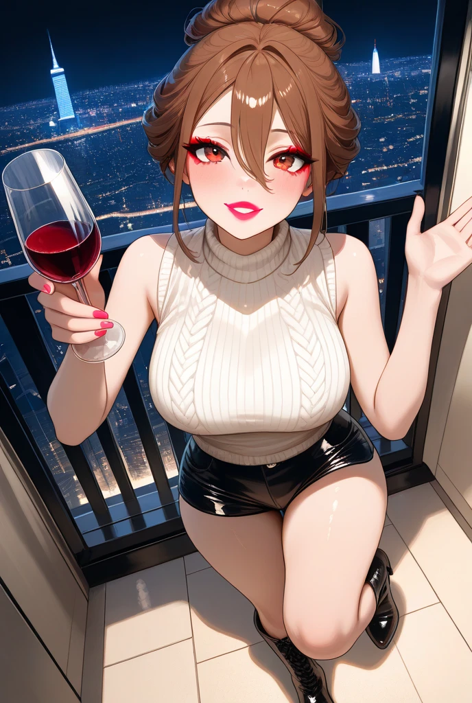 Top quality, high resolution,
A 20-year-old woman enjoying the night view while drinking wine, wearing a light blue sleeveless vest-like sweater. Finely knitted and thigh-length. Luxurious silk material, black micro hotpants. Shiny satin fabric, white short boots, brown hair. Updo. Hair between the eyes, red-based gal makeup. False eyelashes., glossy pink lipstick, sexy thighs, wine glass in one hand. Arms holding up wine glass, standing with weight on one leg, shot from above. Looking up. Close-up of face. Whole body from head to toe, background. Big city park surrounded by skyscrapers. Illuminated by the lights of the illuminations, creating a fantastic atmosphere.