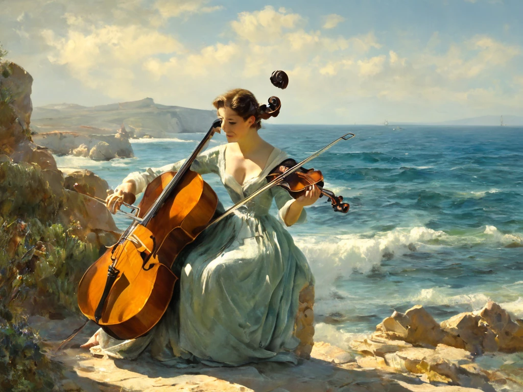 Image of a musician playing the cello in front of the sea.  masterpiece,  Precise,  High Details, 