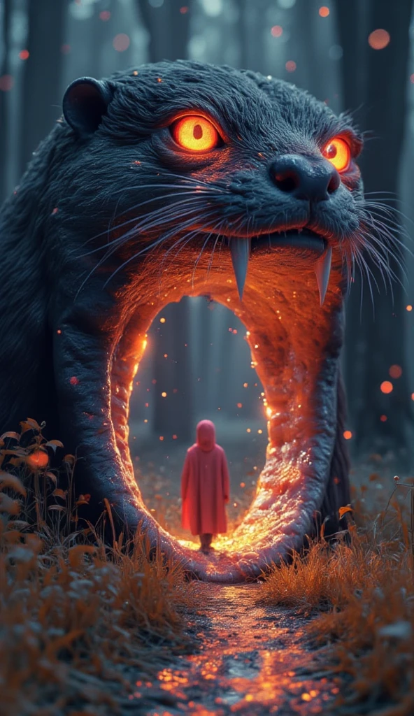 A mystical and atmospheric digital painting featuring a giant otter with glowing orange eyes, its mouth wide open, forming an archway that reveals a glowing forest path. A small figure wearing a red cloak walks along the illuminated path inside the otter's mouth. The background is a dark, enchanted forest with glowing orbs and mist, creating a magical and slightly eerie ambiance. The perspective emphasizes the otter's face and teeth, with warm lighting from the forest path highlighting the scene. Highly detailed, cinematic, and captivating.