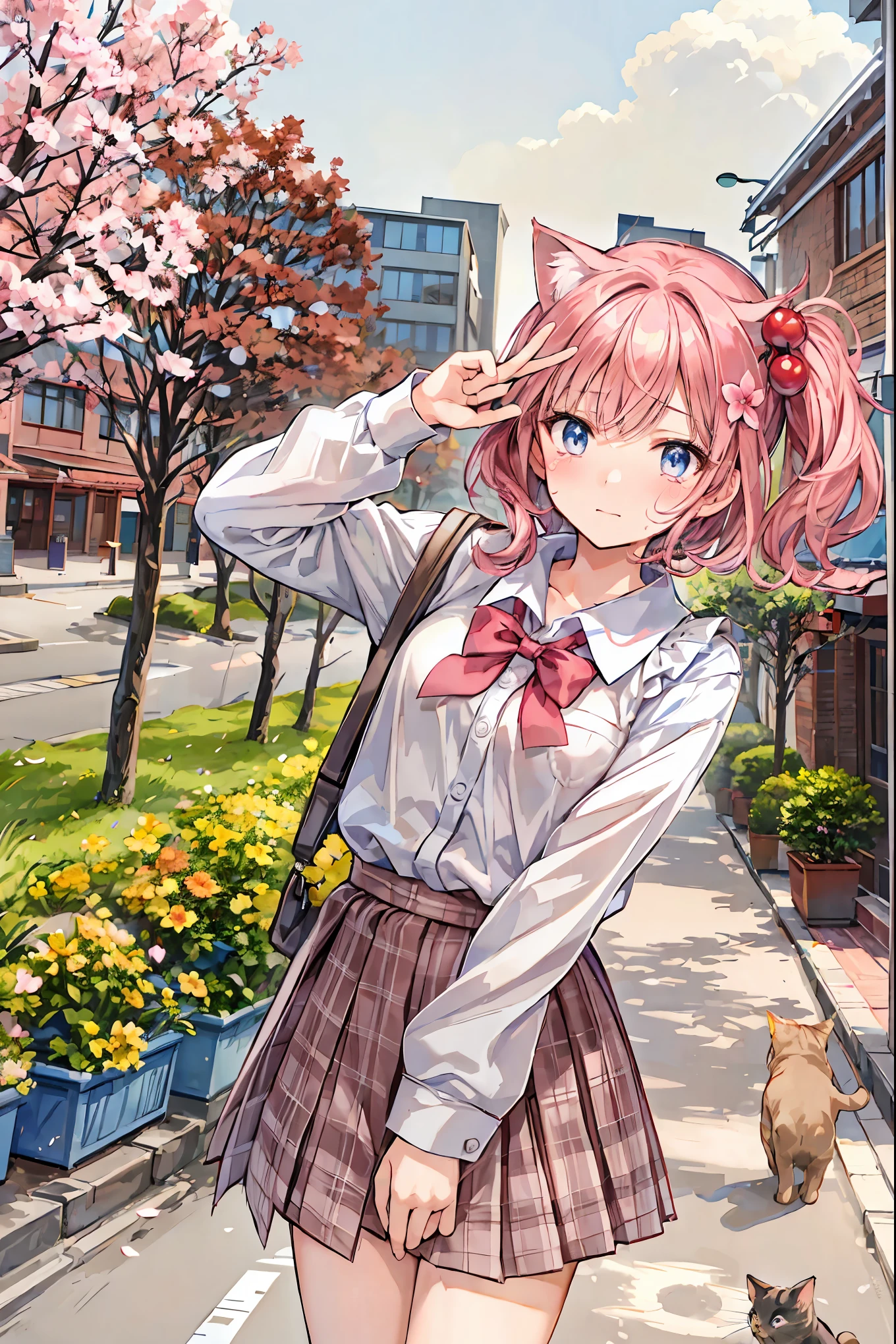 ((Masterpiece)), ( best quality ), ( ultra detail), ( beautiful illustration of wiping away tears),
 outdoor, Flower Garden, cherry blossoms,
Concealed Tsukiko , tea hair, short hair,  has enchanting gray-blue eyes shining like stars, SIDE PONYTAIL , school uniform, white shirt,pink plaid skirt , black legwear,Reverse Peace Sign，
Alone,  cat,
kneel, the above,  focus on face ,  face close-up while changing clothes, cat_hand_ pose,  poker face, fist