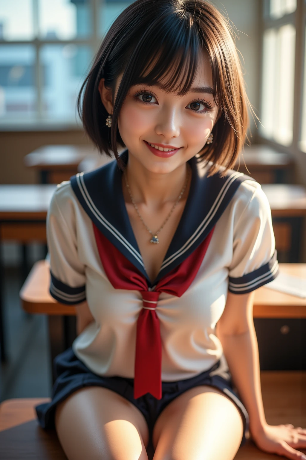 Pubic hair grows、Smile full of happiness、((During hard sex:1.3))、Pink Panties、、Panting face、Lacking、After being attacked、school girl outfit(Plaid miniskirt)、a sailor suit、Sweating、Expression in a state of excitement、short-hair、eye glass、