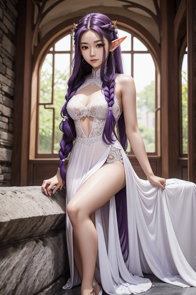 8K, surreal, masterpiece, best quality, Very detailed, high resolution, Random Background, 1 girl, (:1.5), Yao Liuer, White Dress，translucent，whole body，High heel white transparent wedding dress，High heel，whole body，Purple Hair，Light mines