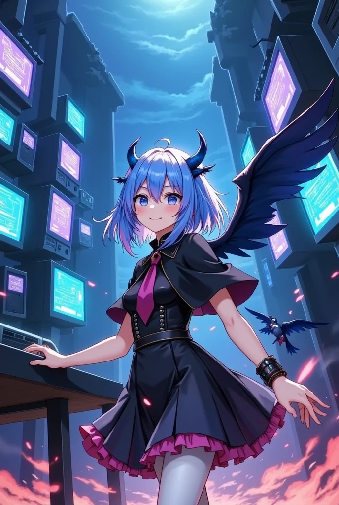  1 girl, Lilaeville,  Blue Hair, blue eyes,  short hair,  black capelet ,  skirt ,  white pantyhose,  Blue Demon Wings , bluish glasses , Mini Hat,, indoor, Retreat,  lots of computer monitors, phantom thief Retreat,, , 