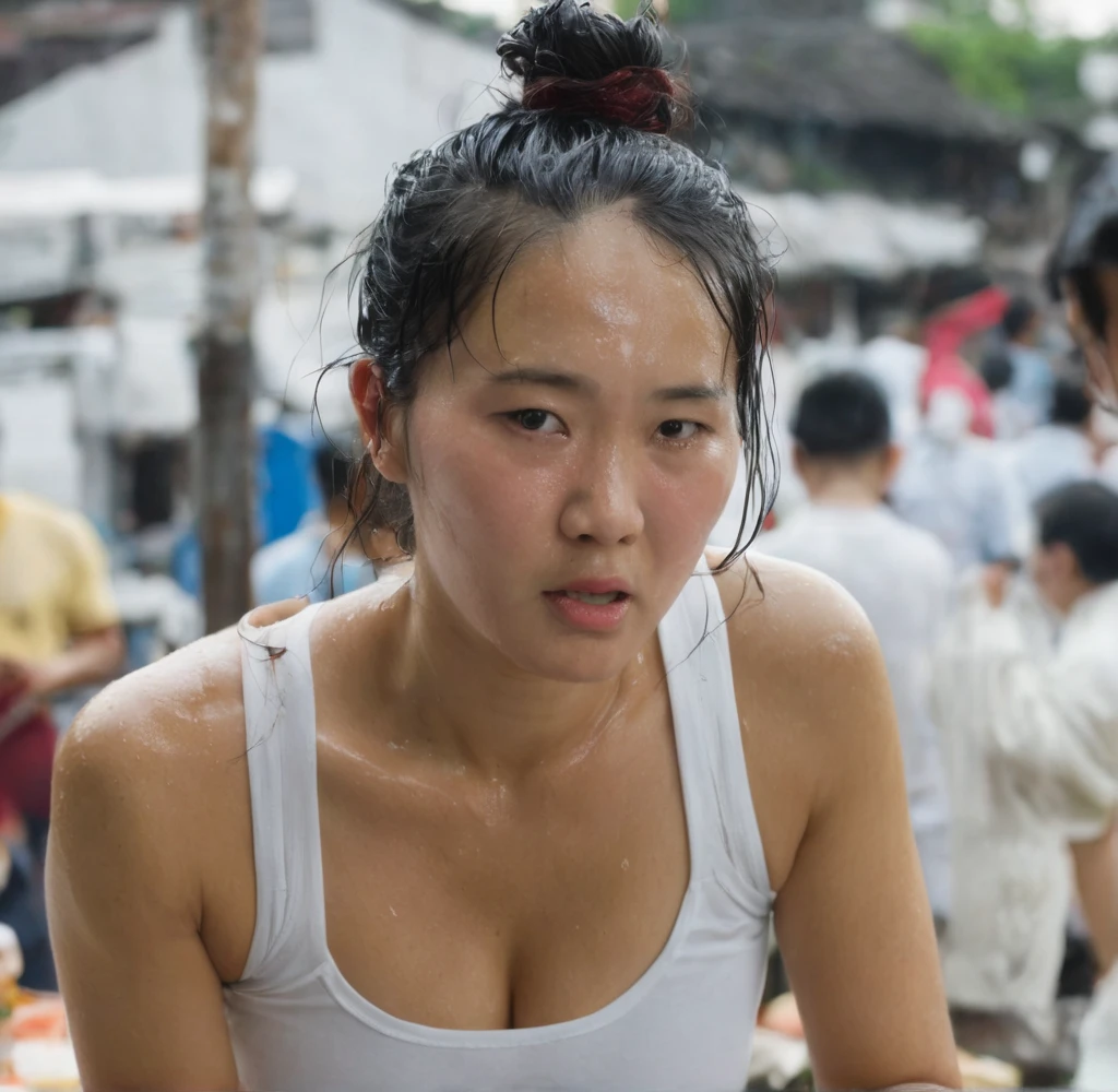 A beautiful naked Indonesian girl, sweaty, athletic body, average breasts, and hairy armpits, being carried by two women (detailed hands)