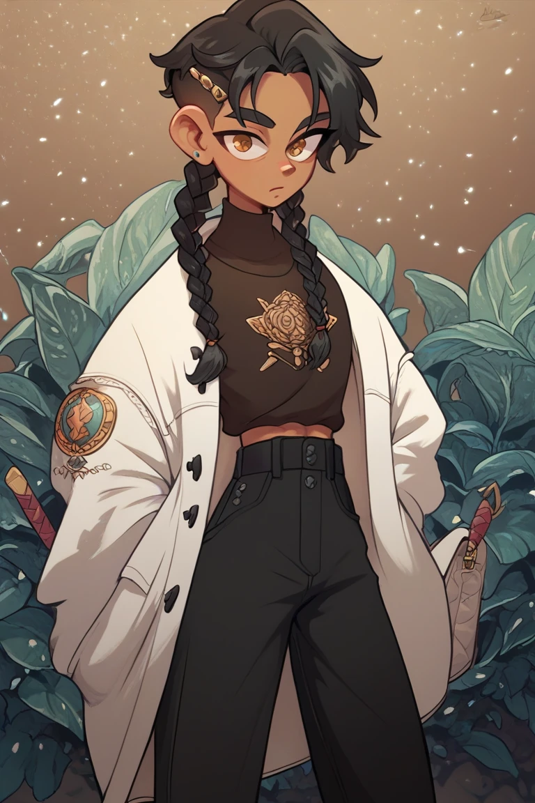 a black-skinned, black-haired, brown-eyed boy wearing braids, wearing a shirt with military-style details and black pants, and a white coat tied around the waist ,wearing pircings on the ears 