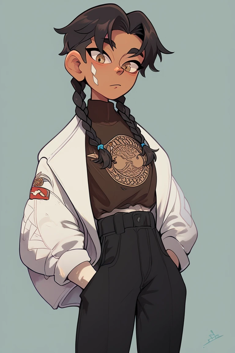 a black-skinned, black-haired, brown-eyed boy wearing braids, wearing a shirt with military-style details and black pants, and a white coat tied around the waist ,wearing pircings on the ears 