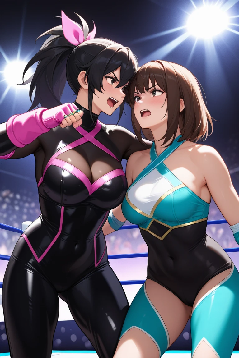 Two people draw , Kyoto animation , Nsfw , Women boxing , monokini swimsuits , boxing rings, huge breasts.