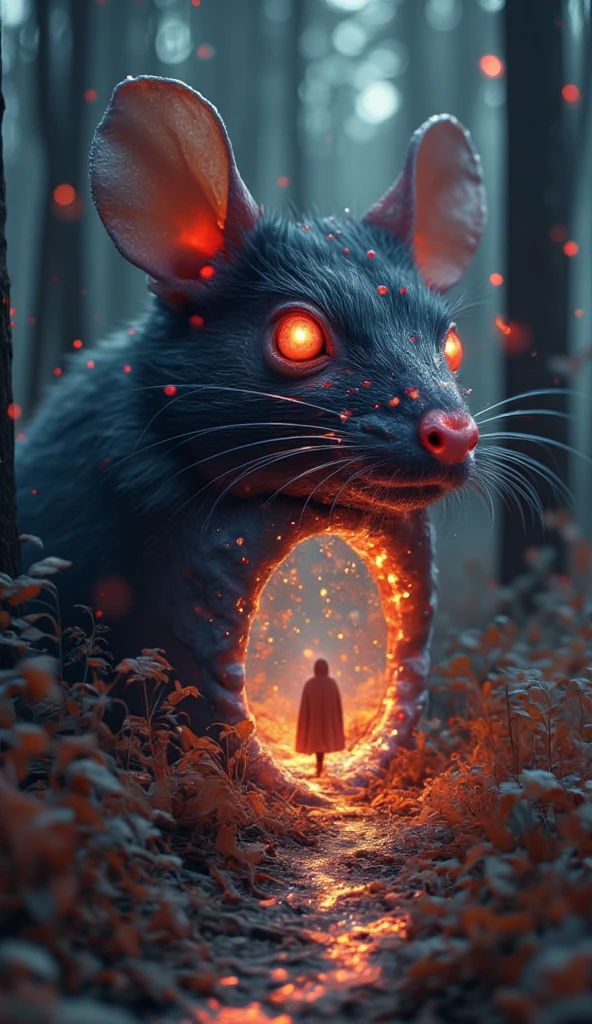 A mystical and atmospheric digital painting featuring a giant mouse with glowing orange eyes, its mouth wide open, forming an archway that reveals a glowing forest path. A small figure wearing a red cloak walks along the illuminated path inside the mouse's mouth. The background is a dark, enchanted forest with glowing orbs and mist, creating a magical and slightly eerie ambiance. The perspective emphasizes the mouse's face, sharp teeth, and whiskers, with warm lighting from the forest path highlighting the scene. Highly detailed, cinematic, and captivating.