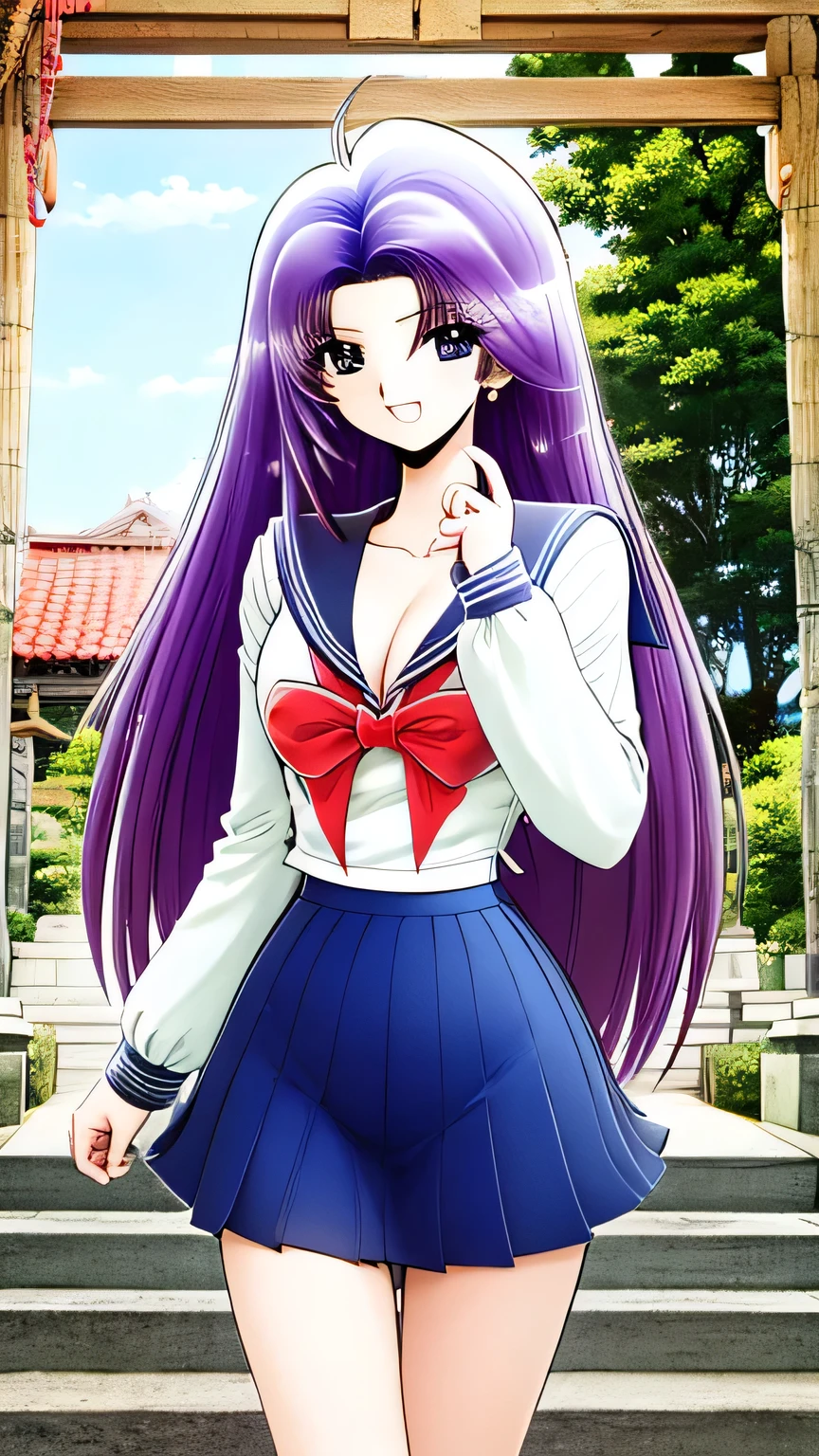 (full shot, open mouth, smile,  Stone Stairs に座っている), 's greatest masterpiece, Ultra delicate,  detailed description,  High Resolution , 8k,  long hair, blue eyes,  purple hair, Cleavage, chest,
( Shrine Precincts , The torii gate is visible, Clear daytime ,In nature,  Stone Stairs ),  sailor suit, Pleated skirt,  serafuku,  sailor collar ,  Long Sleeve ,  blue skirt, ( black high socks ), smile,
smile,, ( best quality :1.3), 1 girl ,