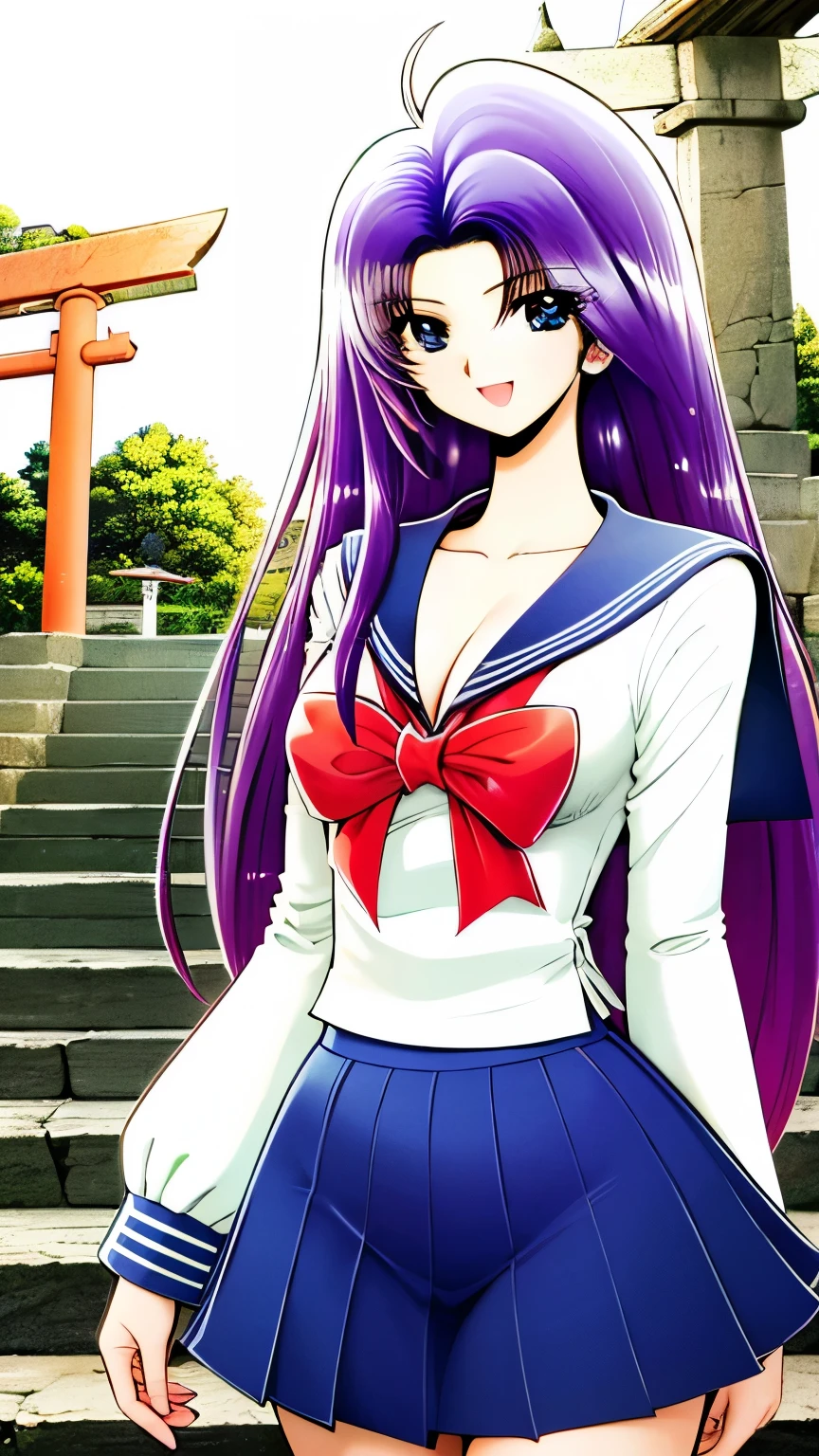 (full shot, open mouth, smile, Stone Stairs に座っている), 's greatest masterpiece, Ultra delicate, detailed description, High Resolution , 8k, long hair, blue eyes, purple hair, Cleavage, chest,
( Shrine Precincts , The torii gate is visible, Clear daytime ,In nature, Stone Stairs ), sailor suit, Pleated skirt, serafuku, sailor collar , Long Sleeve , blue skirt, ( black high socks ), smile,
smile,, ( best quality :1.3), 1 girl ,