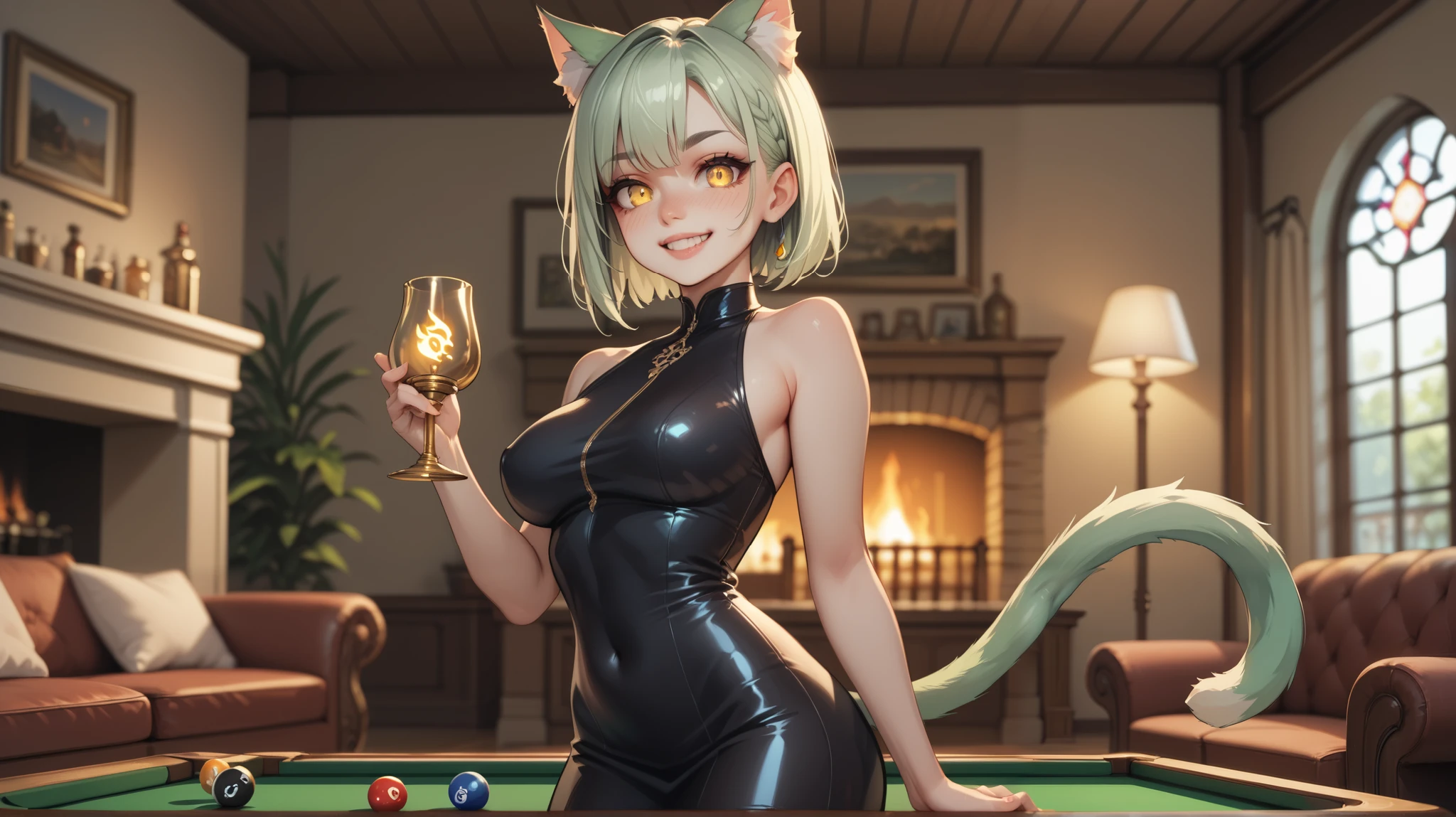 cat girl,  18 years,  sweet smile ,  light green hair ,  glowing yellow eyes ,  standing, Pretty figure , tight dress,  arms behind the body,  innocent look ,  antique men's room , couch, Drinks, Pool table , pictures on the wall, Fireplace, best shadow, Lantern light, 8k, best quality,  masterpiece