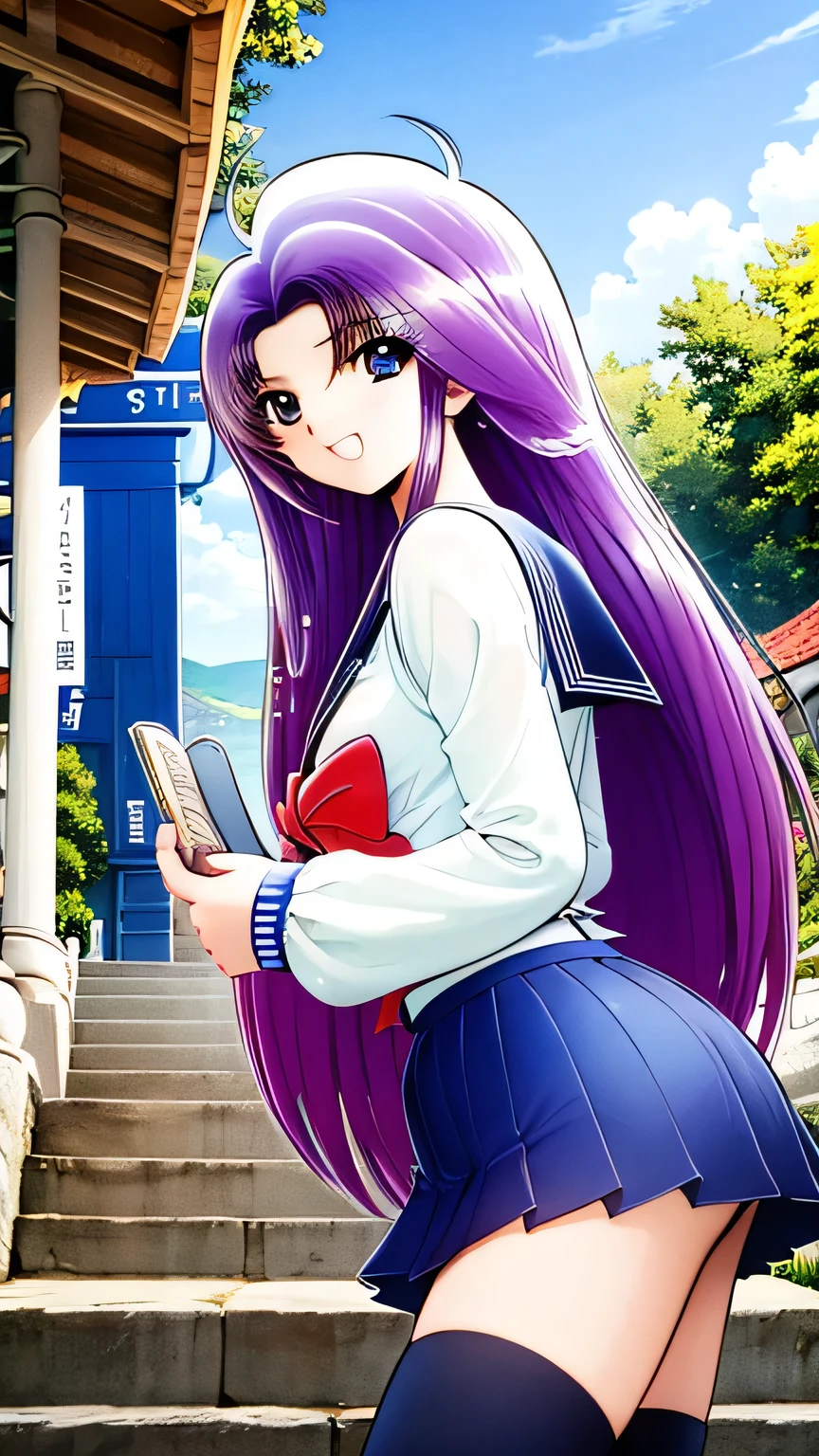 (open mouth, smile, side angle), 's greatest masterpiece, Ultra delicate, detailed description, High Resolution , 8k, long hair, blue eyes, purple hair, Cleavage, chest,
( Shrine Precincts , The torii gate is visible, Clear daytime ,In nature, Stone Stairs ), sailor suit, Pleated skirt, serafuku, sailor collar , Long Sleeve , blue skirt, ( black high socks ), smile,
smile,, ( best quality :1.3), 1 girl ,