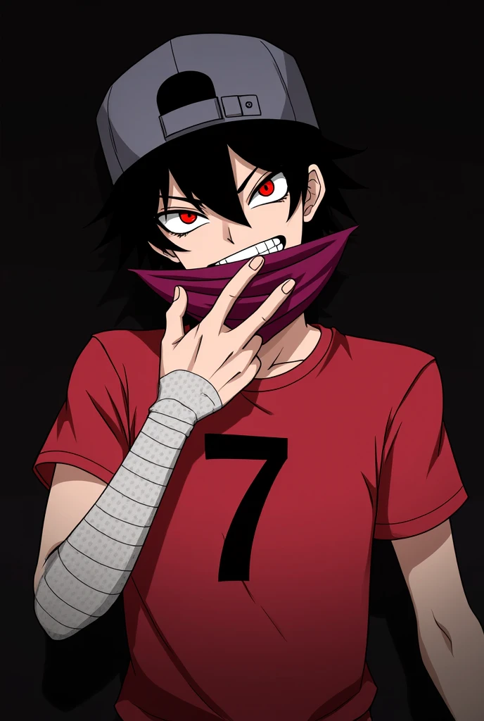 Boy man side turned looking forward, red scarf, Black t-shirt with white sleeves, black hat black hair ponytail, loose black hair little, smiling madly smoking a cigarette, violet hunter-shaped eyes.