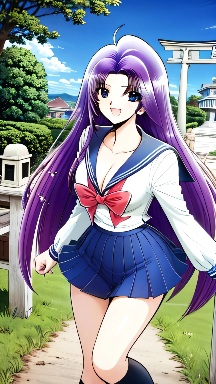 (open mouth, smile,  side angle), 's greatest masterpiece, Ultra delicate,  detailed description,  High Resolution , 8k,  long hair, blue eyes,  purple hair, Cleavage, chest,
( Shrine Precincts , The torii gate is visible, Clear daytime ,In nature,  Stone Stairs ),  sailor suit, Pleated skirt,  serafuku,  sailor collar ,  Long Sleeve ,  blue skirt, ( black high socks), smile,
smile,, ( best quality :1.3), 1 girl ,