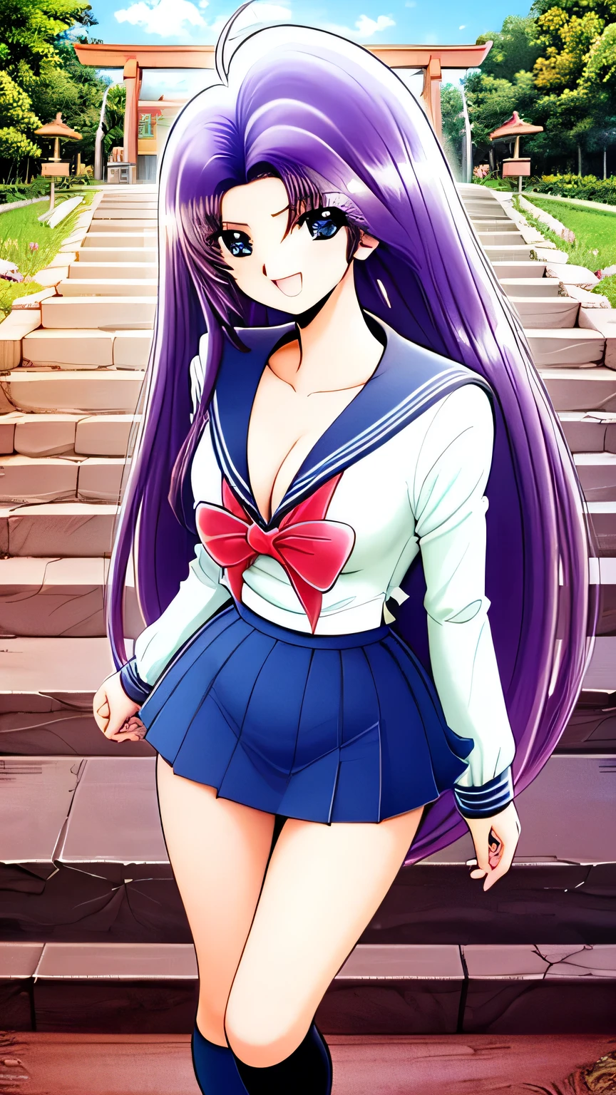 (open mouth, smile, angle from above ), 's greatest masterpiece, Ultra delicate, detailed description, High Resolution , 8k, long hair, blue eyes, purple hair, Cleavage, chest,
( Shrine Precincts , The torii gate is visible, Clear daytime ,In nature, Stone Stairs ), sailor suit, Pleated skirt, serafuku, sailor collar , Long Sleeve , blue skirt, ( black high socks), smile,
smile,, ( best quality :1.3), 1 girl ,