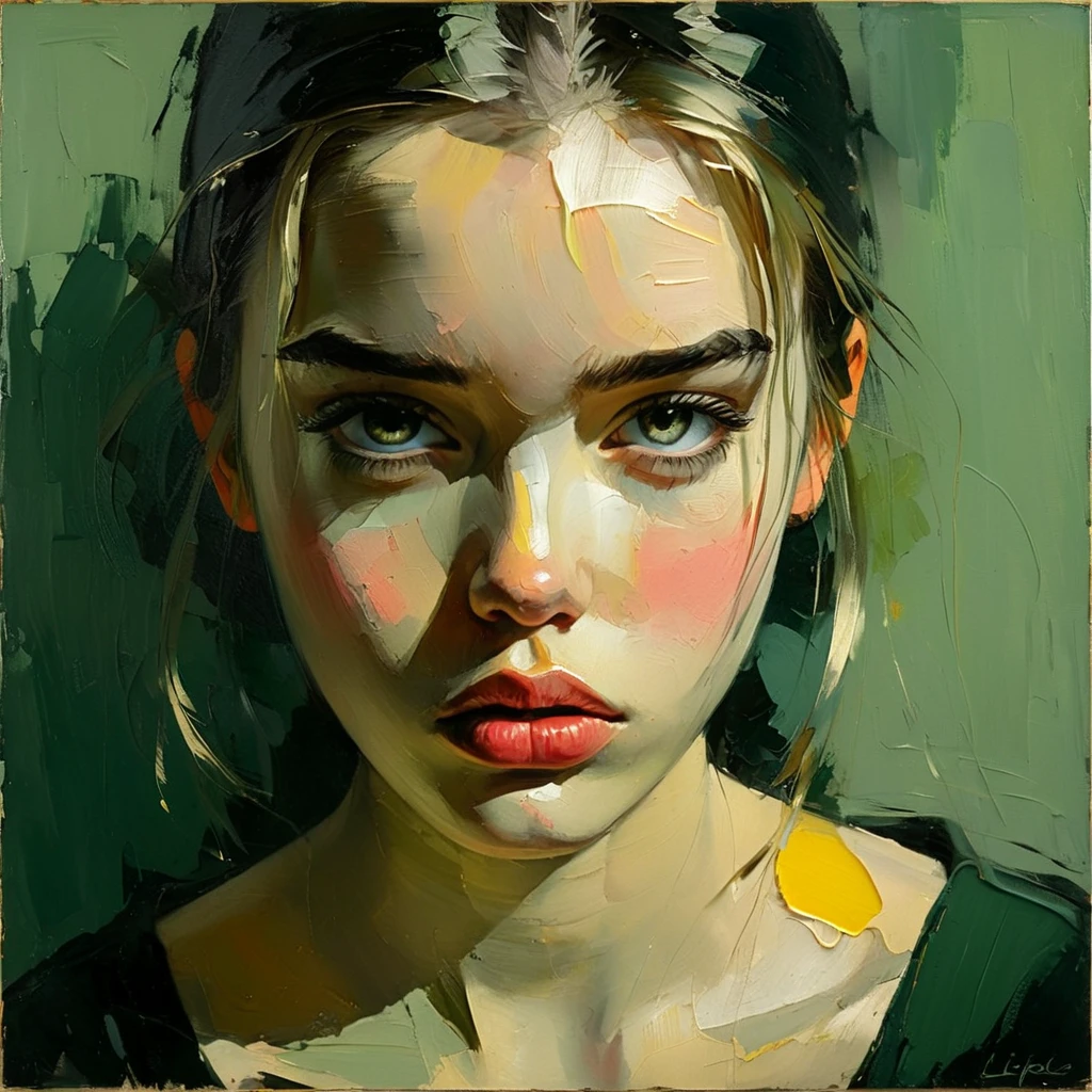  Create an evocative oil painting inspired by Malcolm Liepke,  based on the provided image . Capture the intense , introspective expression of the young subject using thick ,  expressive brushstrokes and a muted color palette .  Highlight the emotional depth and vulnerability in the subject's gaze ,  emphasizing the play of light and shadow on her face .  Maintain a simple ,  Textured background that complements the contemplative presence of the subject ..  Focus on the tactile quality of oil painting to convey the raw emotion and intimacy characteristic of Liepke's style. After applying thick paint ,  Use a dry brush to gently brush it over the surface ..  This technique can create interesting textures by revealing the underlying layers..