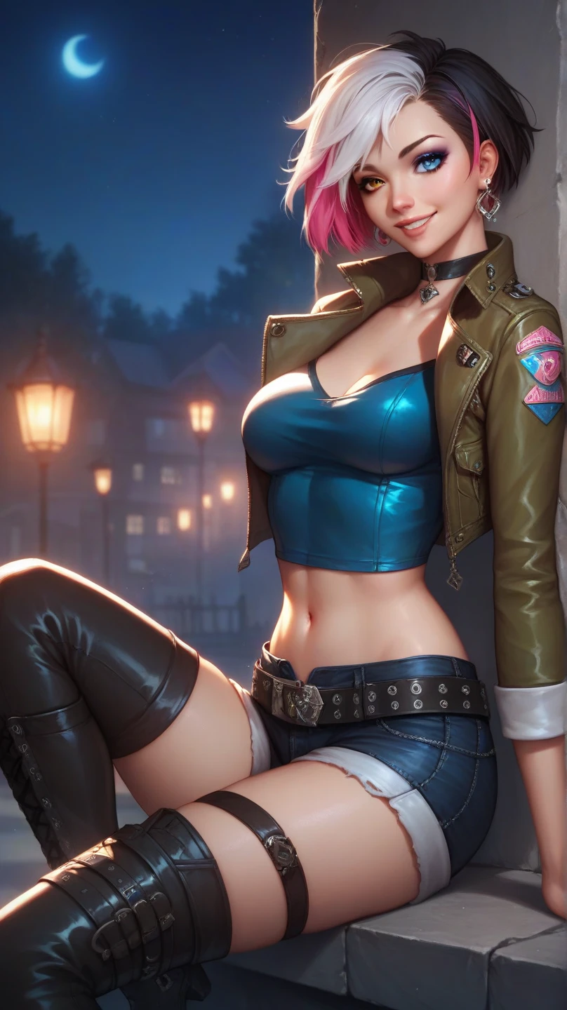 (finely detailed beautiful eyes and detailed face,masterpiece sidelighting,masterpiece,best quality,detailed,high resolution illustration),, (topless girl,whole body,starcraft,lustrous skin,looking down,looking at viewer),, (pink hair,blue eyes,ribbon,uniform, jeans), (clothed_underbust:1.2),underboob,