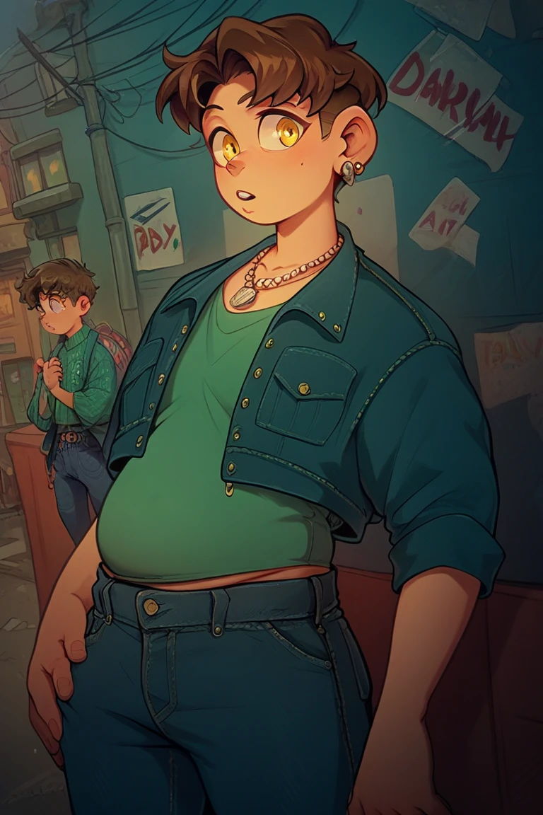  a chubby boy with yellow eyes and short brown hair, wearing a green shirt with a denim jacket ,wearing dark jeans , with a necklace around the neck and earrings on the ears 