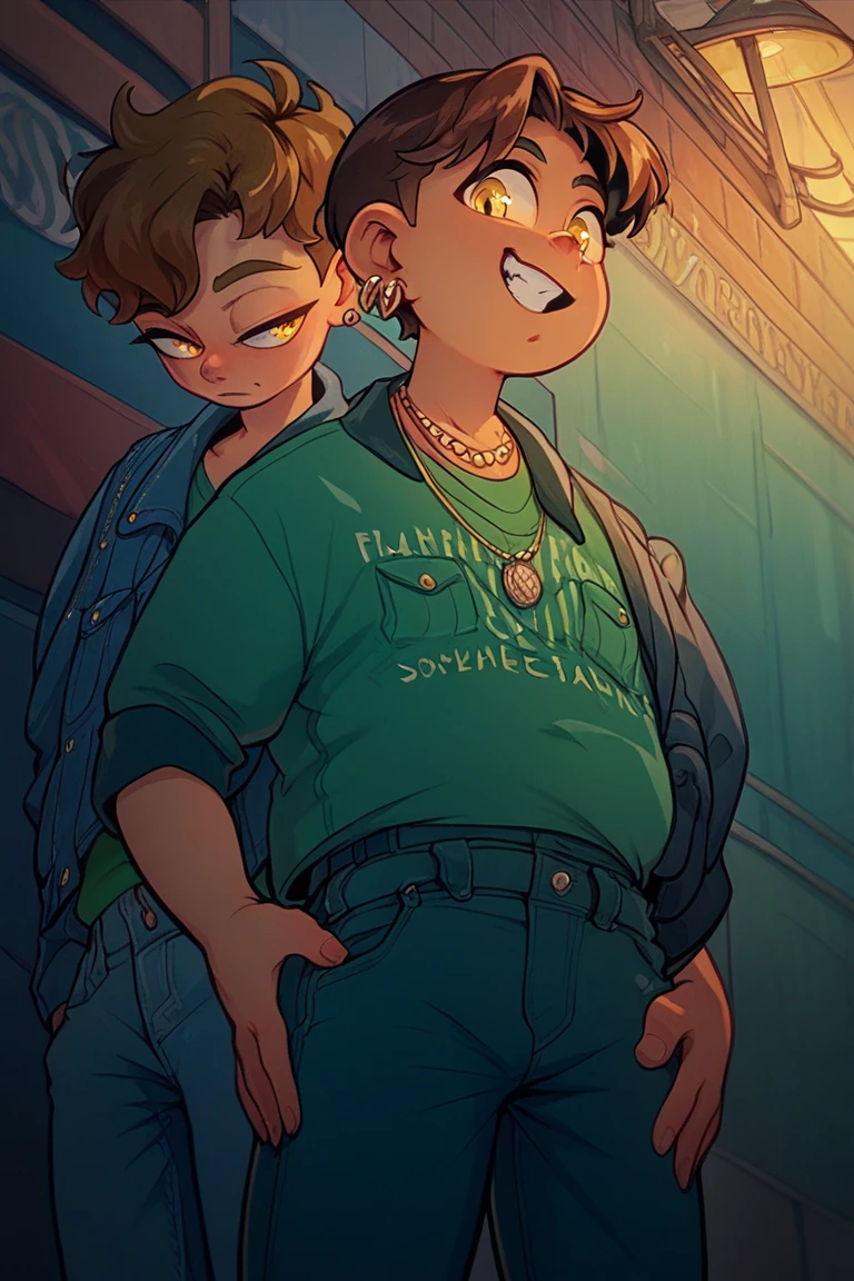  a chubby boy with yellow eyes and short brown hair, wearing a green shirt with a denim jacket ,wearing dark jeans , with a necklace around the neck and earrings on the ears 