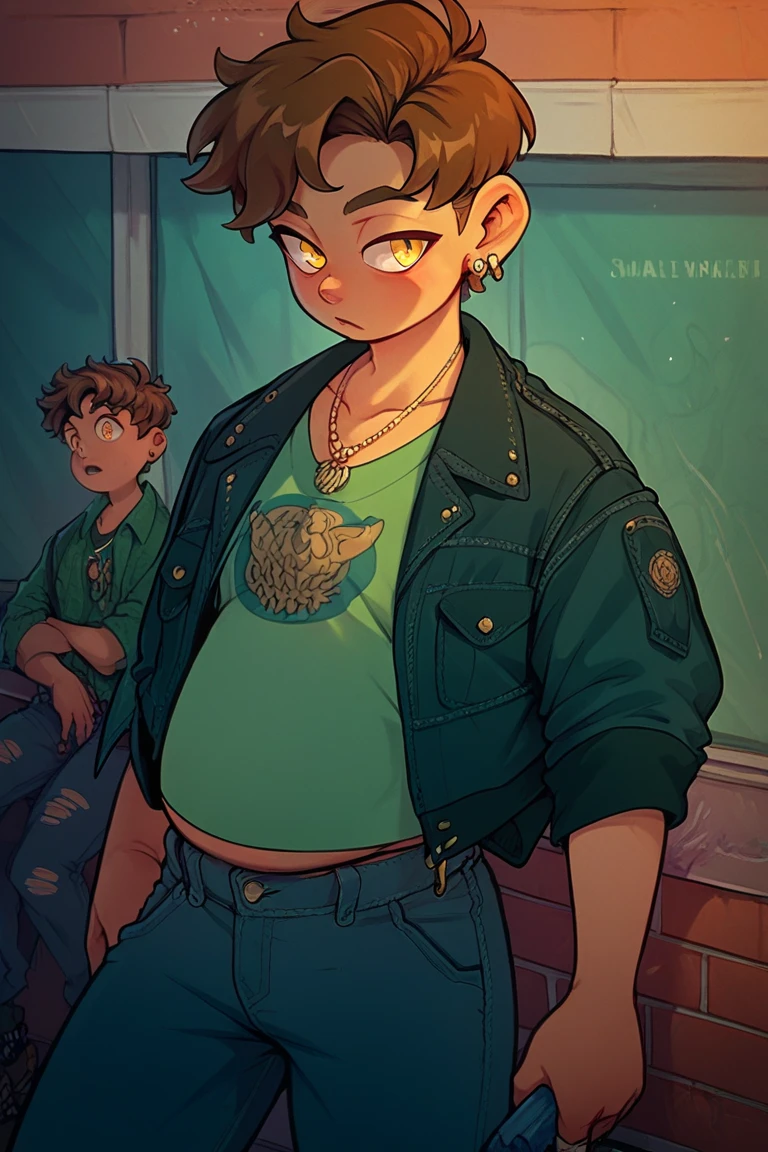  a chubby boy with yellow eyes and short brown hair, wearing a green shirt with a denim jacket ,wearing dark jeans , with a necklace around the neck and earrings on the ears 