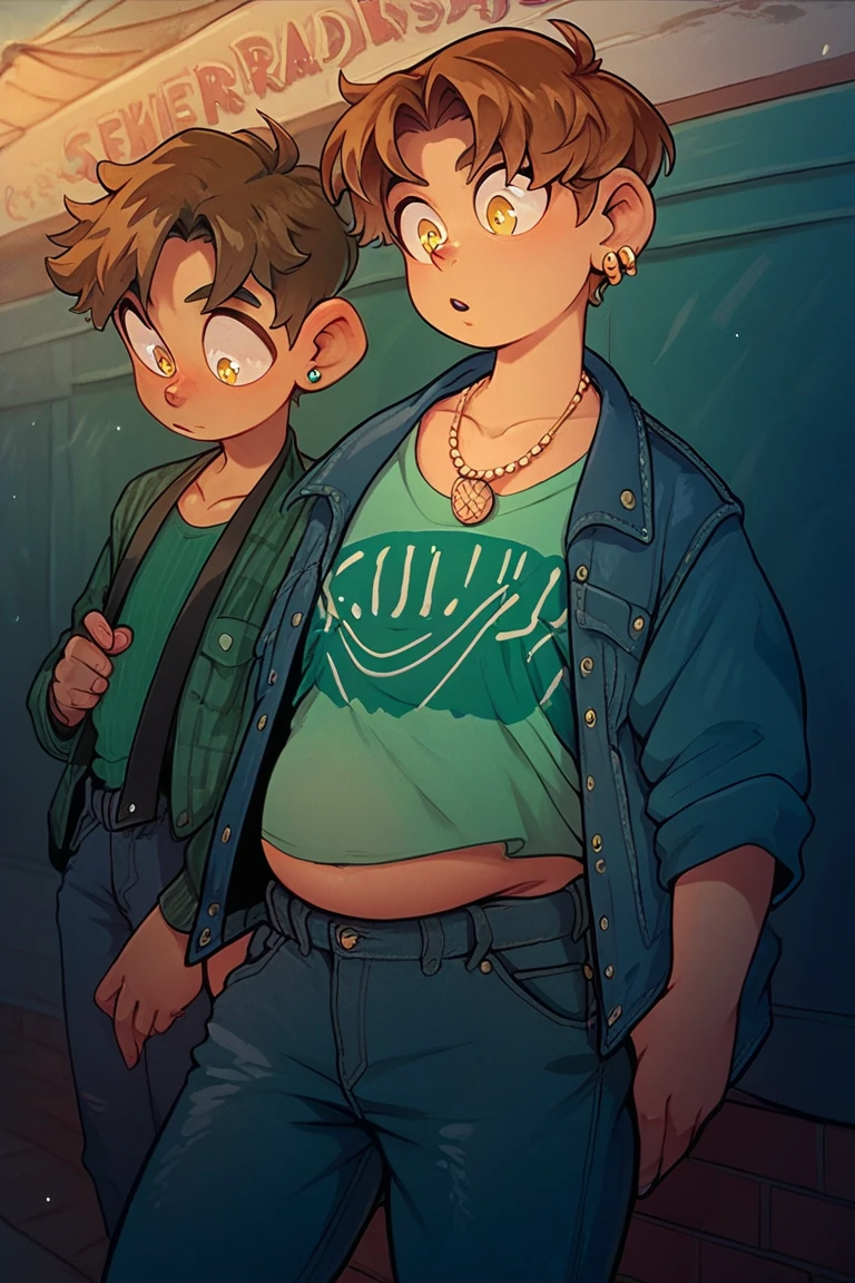  a chubby boy with yellow eyes and short brown hair, wearing a green shirt with a denim jacket ,wearing dark jeans , with a necklace around the neck and earrings on the ears 