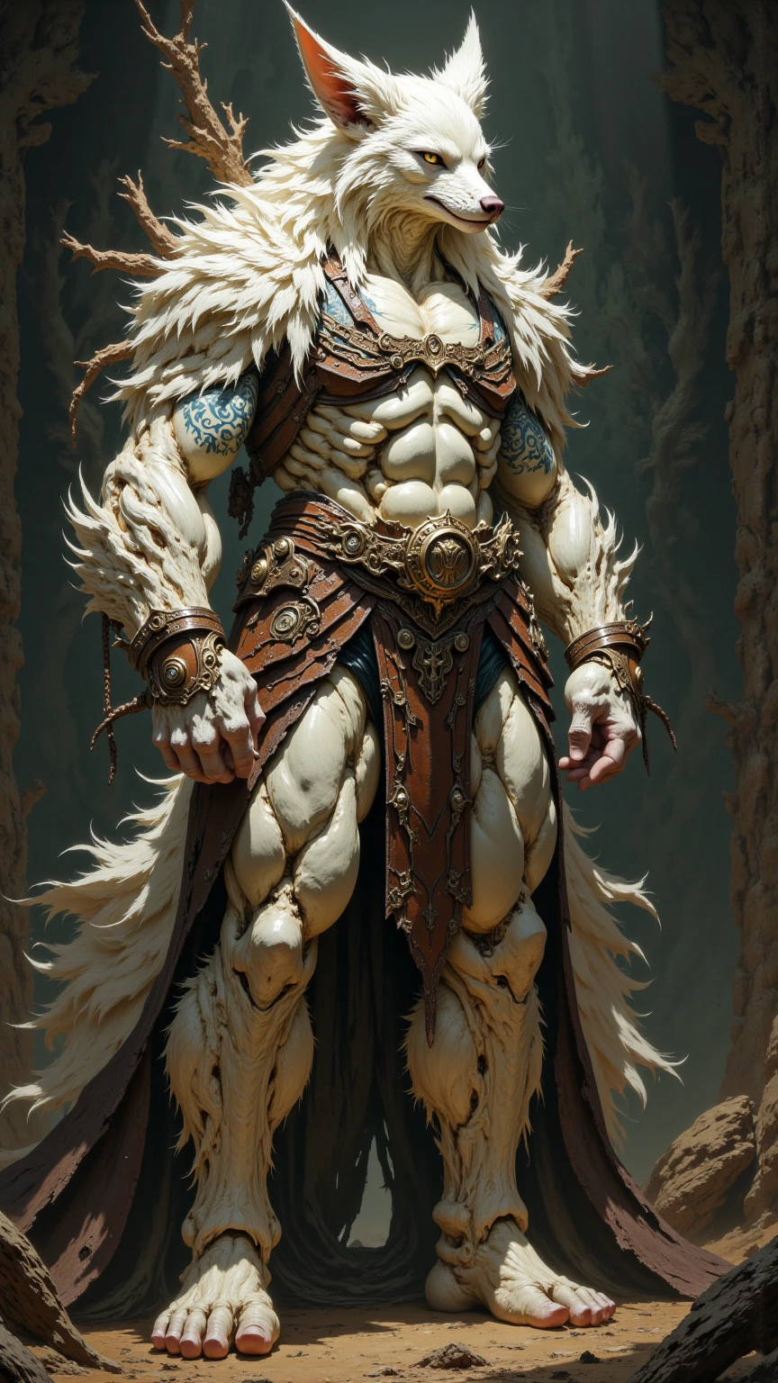 a hairy and muscular white fox woman, stocky and bulky, athletic, wearing fingerless leather gauntlets, long braided dreadlocks, scars and tattoos, tattered white fox fur bra and loincloth, long ear like a fox, body full covered by white fox fur, hyper detailled, 8k, photorrealistic, dramatic lighting, film composition, dark and moody atmosphere, warm color palette, martial artist, action pose