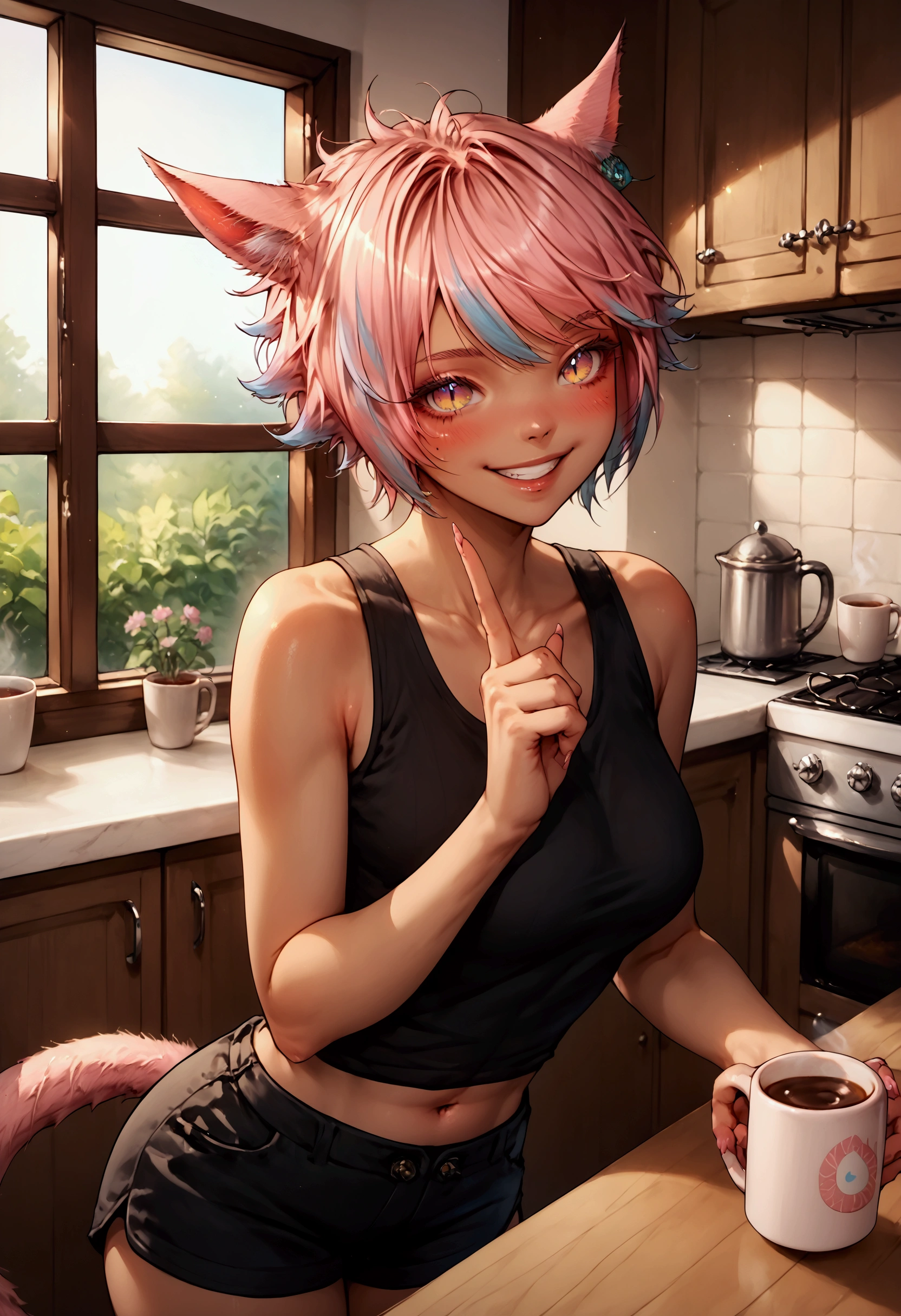 score_9, score_8_up, score_7_up, 1girl, yaana, miqo'te, feline eyes, multicolored hair, pink hair, kitchen, smile, teeth, blush, black tank top, shorts, navel, coffee mug in hand, offering viewer a mug,