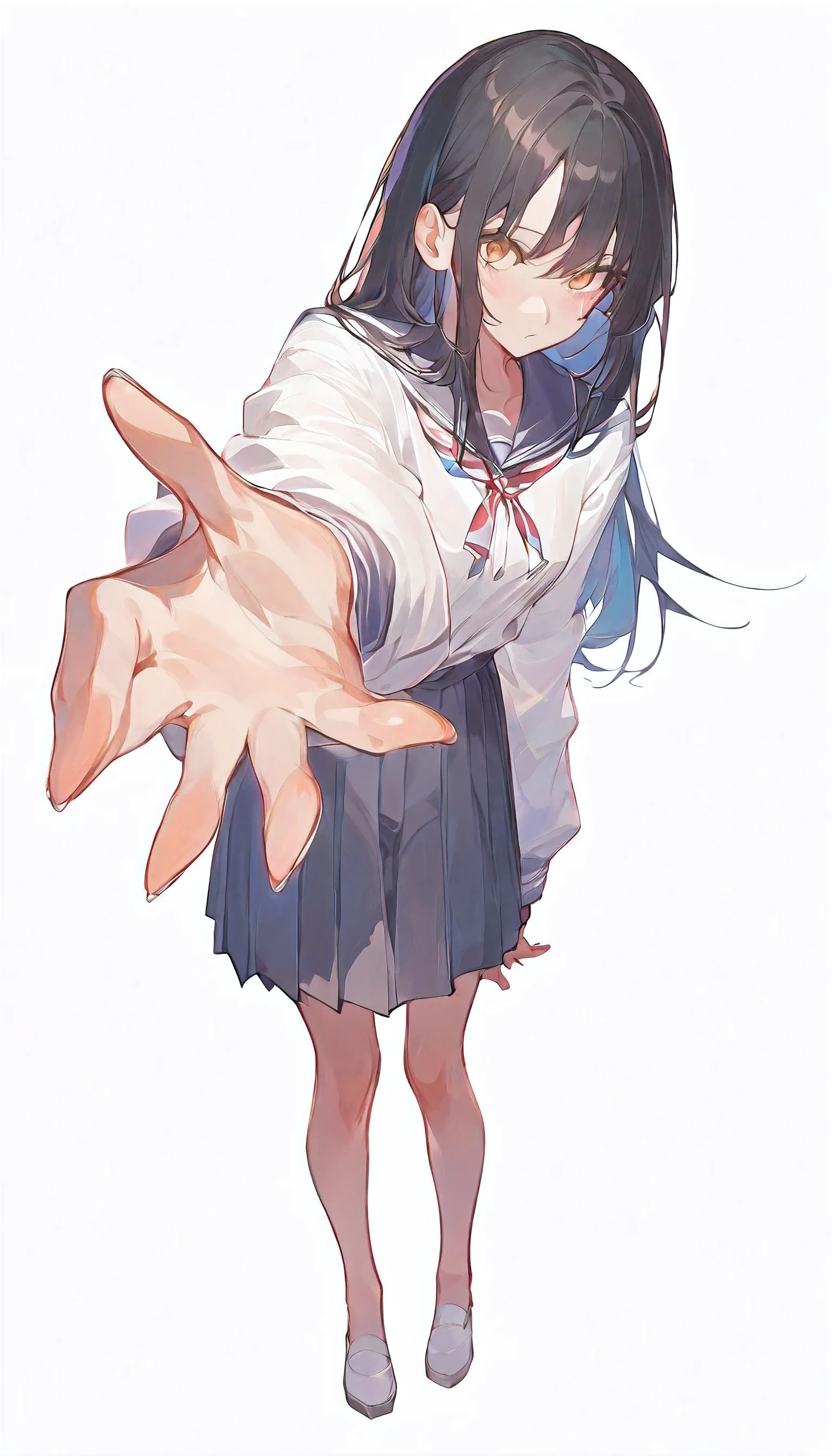 a girl with long straight black hair without bangs. brown eyes. american school clothes. simple pose, with hand on waist. full body. WHITE background. FULL BODY. ULTRA DETAILED. WELL DONE ILLUSTRATION. perfect hands, visible details. extremely good quality. hands with 5 fingers. well made hands. good hands. well done art.