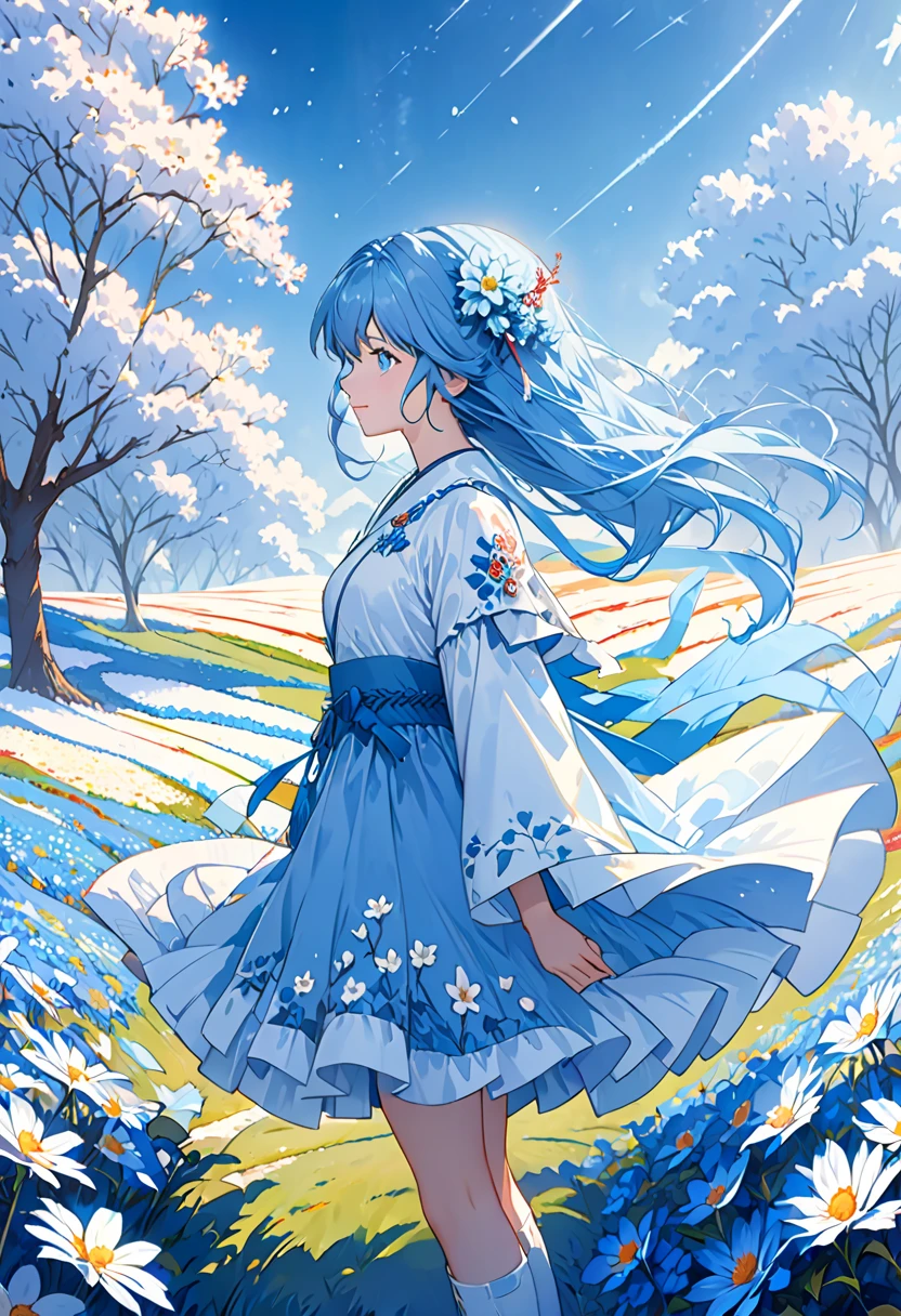 ( That&#39;s ridiculous.,  High Resolution ,  ultra detail, 超 High Resolution ,  cinematic ), Alone,  1 girl,  mature,  happy , girl standing in light blue flower field, light blue flower petal surrounding girl,  full body,  girl with long blue hair , light blue hair, Fantasy ,  dreamy, Snow,  Official Art,  pop art ,  profile,  ultra detail face,  ultra detail eyes, light blue flower field,  ultra detail field, white blue sky, cold, light blue, white,  Nebula in the sky, Blue Tree, watercolor,  pastel colors