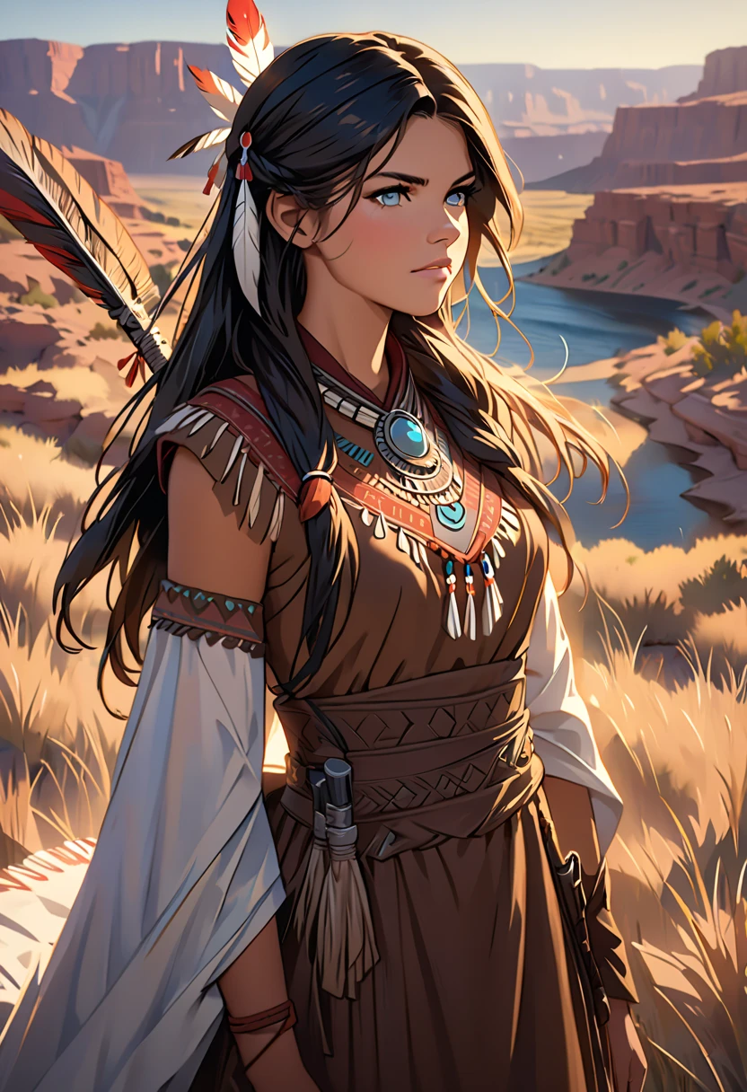  portrait of Marie Avgeropoulos as Pocahontas,   Young Beautiful Native American Woman ,  perfect symmetrical face , indian feather jewelry, Traditional handmade dresses,  armed female hunter warrior , (((Wild West))) environment, Utah Landscape,  super real,  concept art,  elegant , (( complicated)), (( VERY DETAILED)),  depth of field, ((Professionally color-graded )),  Soft Ambient Lighting , dusk, 8k,  Art Garm、 Muscle Tone and Definition 、 Art by Alphonse Mucha