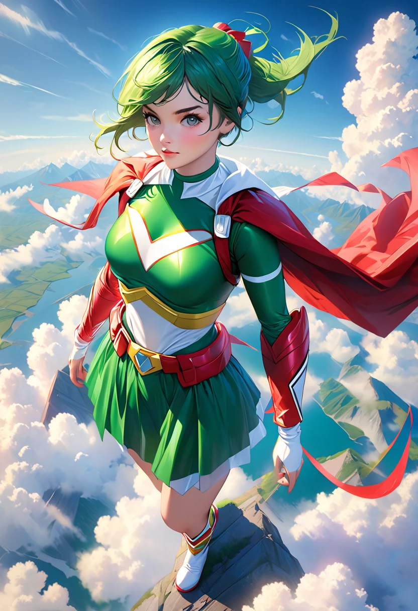 4K,  realistic,  Charismatic,  detailed, There's a girl in the sky ,  wearing Power Rangers clothes, She&#39;s a Power Ranger, Superhero Theme,  green hair, Age 25,  full body