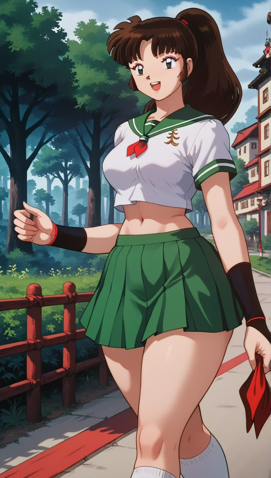  masterpiece, ( Better Quality), 1 girl, sango,  black eyes,  perfect body , nature green ,  perfect eyes, Perfect face,  big bosom ,  brown hair,  hair with a ponytail ,  Perfect lighting ,  outdoor ,  warm colors , city, belly button,  school uniform, happy,  looking at the spectator, walking, white socks ,  Open mouth, smile, green++,  thick thighs in bed, curvy girl,  short skirt , 