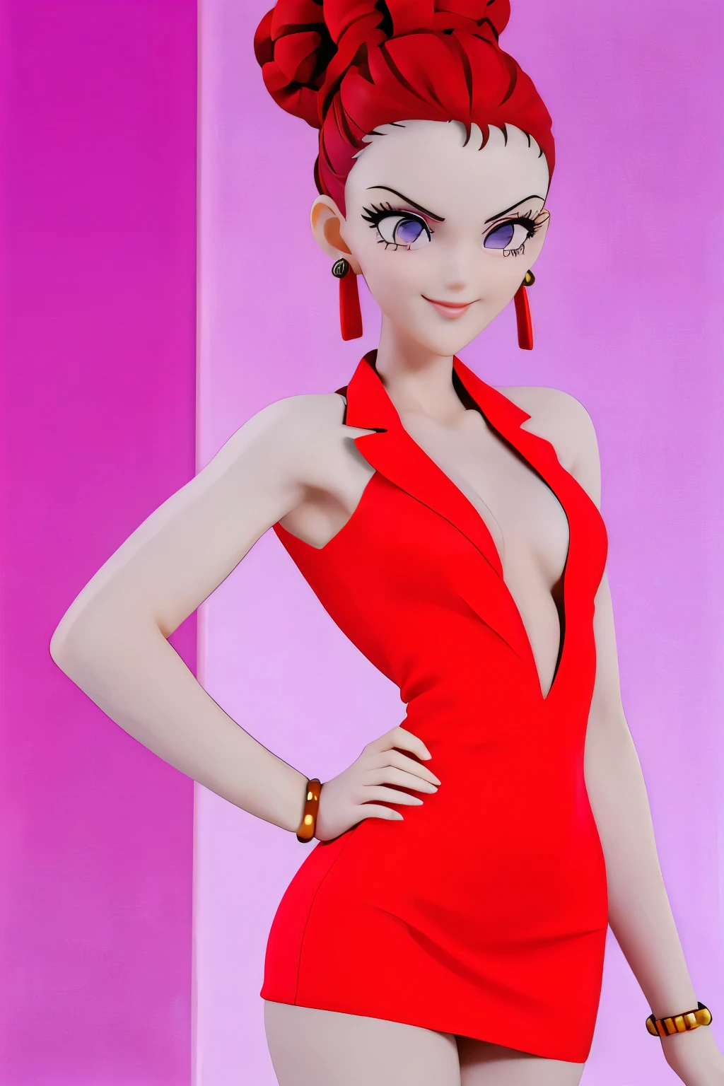 Kaolinite more realistic , close-up ((   masterpiece,   envelopes,Ultra delicate,Perfect face,16K,   High resolution,  )) Kaolinite red Bun hair, Hair bun ,  seductive pose , fitted red tubed mini dress , Uniform dress , Office tight mini dress , tight dress ,  tight red dress ,  purple eyes ,   beautiful smile  , 30 YEARS, realistic textures
